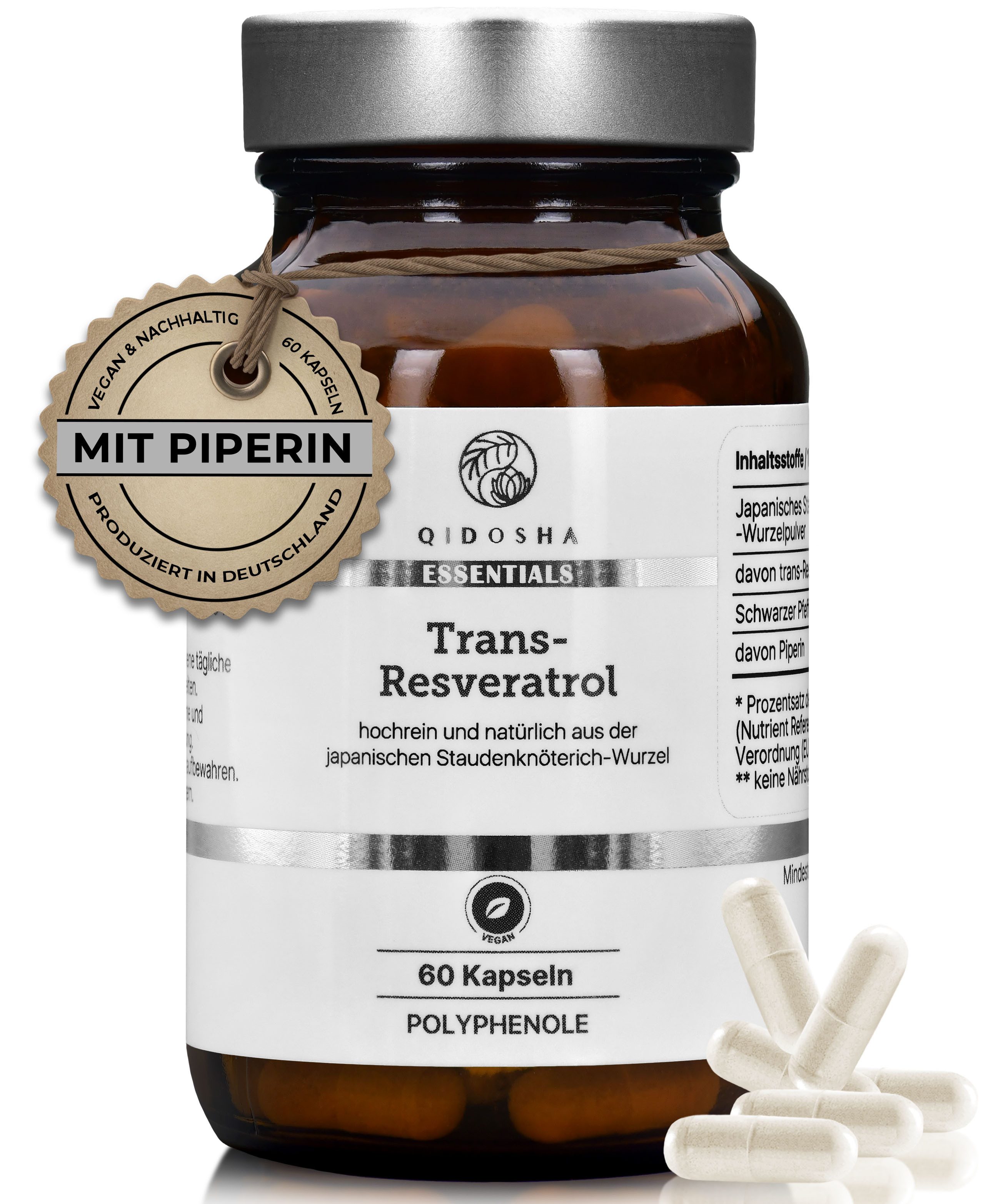 QIDOSHA Trans-Resveratrol mit Piperin Kapseln, 60 St., 37 g, 500 mg Trans-Resveratrol mit Piperin