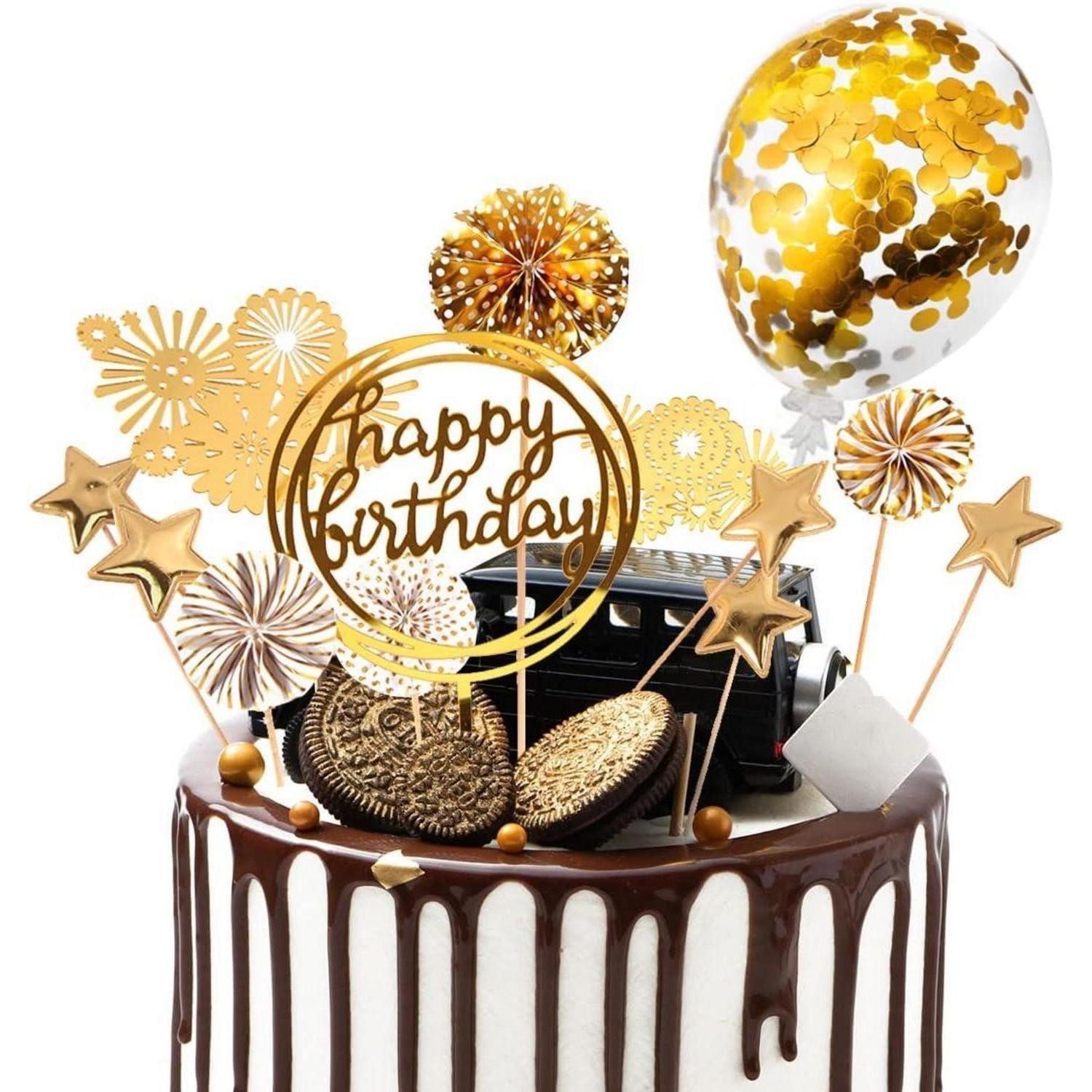 DKBT Sticker Tortendeko 13-teilig Kuchen deko Cake Topper Geburtstagstorte Gold