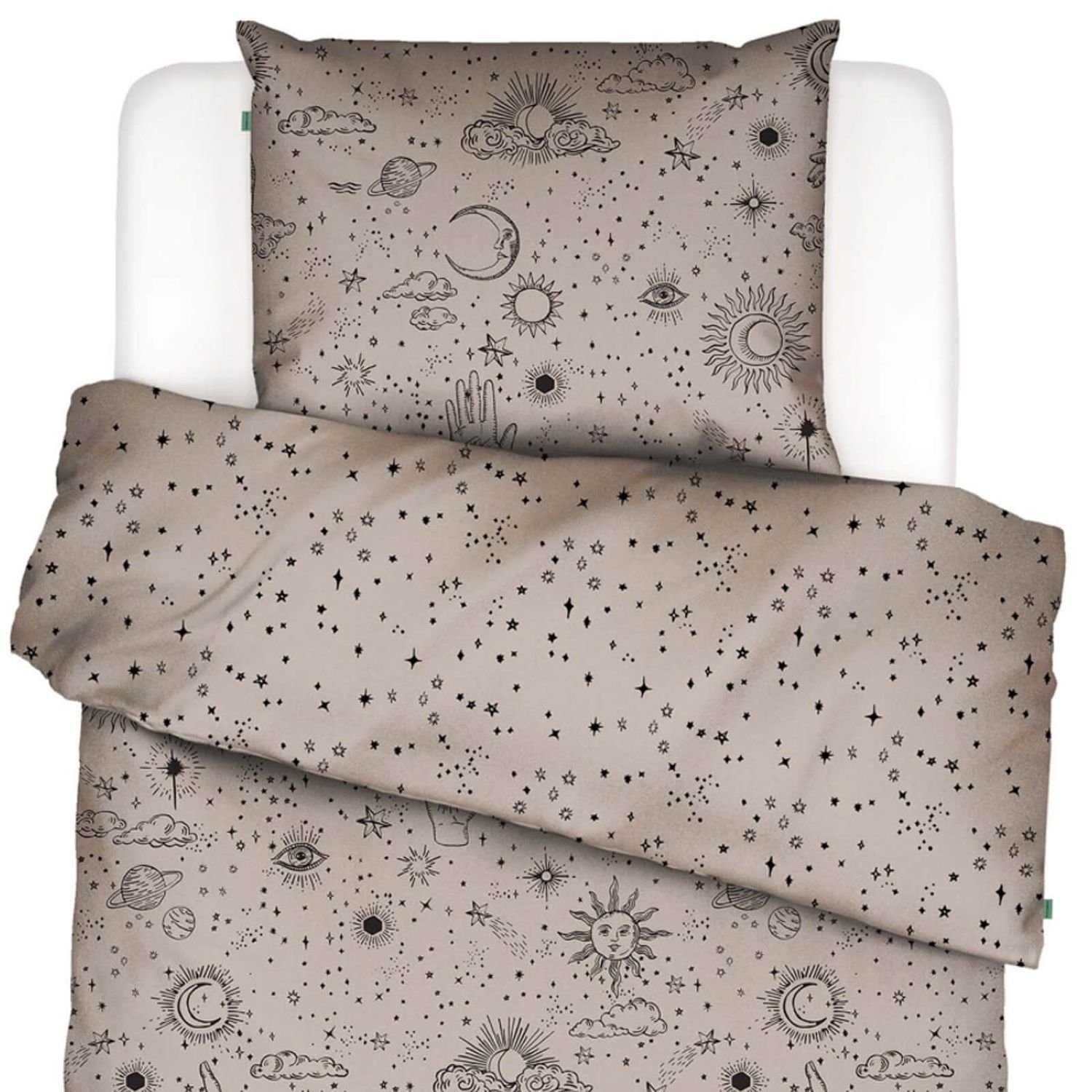 Essenza Bettwäsche That's the Spirit Taupe, Baumwolle, 2 teilig, Sternenhimmel, Planeten, Auge