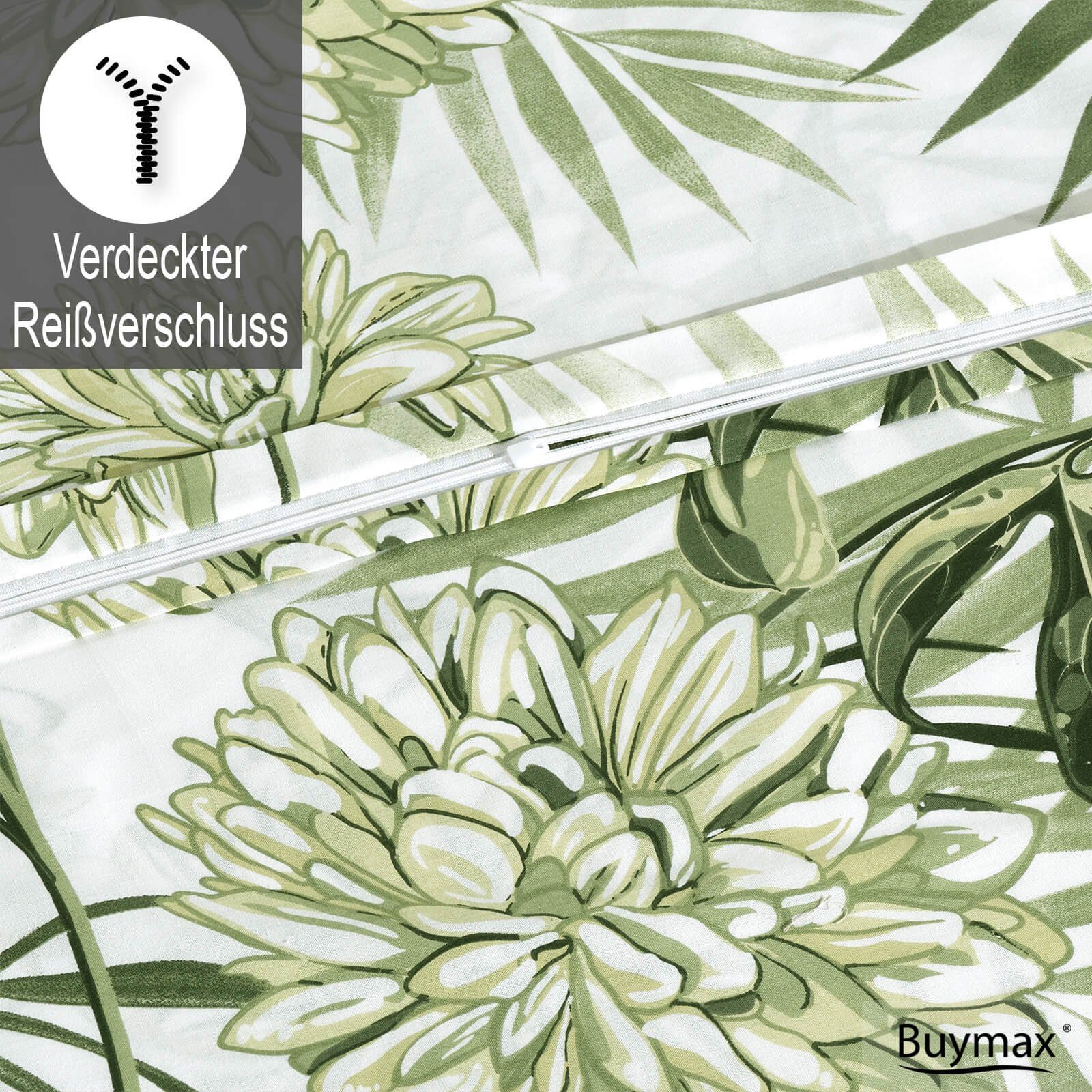 Buymax Bettwäsche Amazing Green, Renforcé, 100% Baumwolle, Renforcé: 100% Baumwolle, 2 teilig, 155x220 cm, Bettbezug-Set, mit Reißverschluss, Blumen Eukalyptus  – Bild 4 von 5