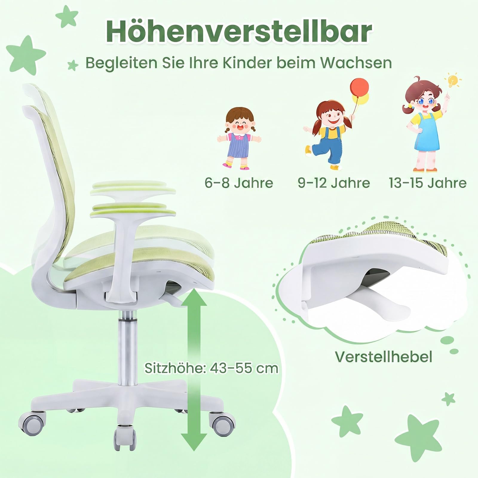 COSTWAY Drehstuhl Kinderstuhl, 43-55cm höhenverstellbar, mit Rollen 360° drehbar – Bild 2 von 5
