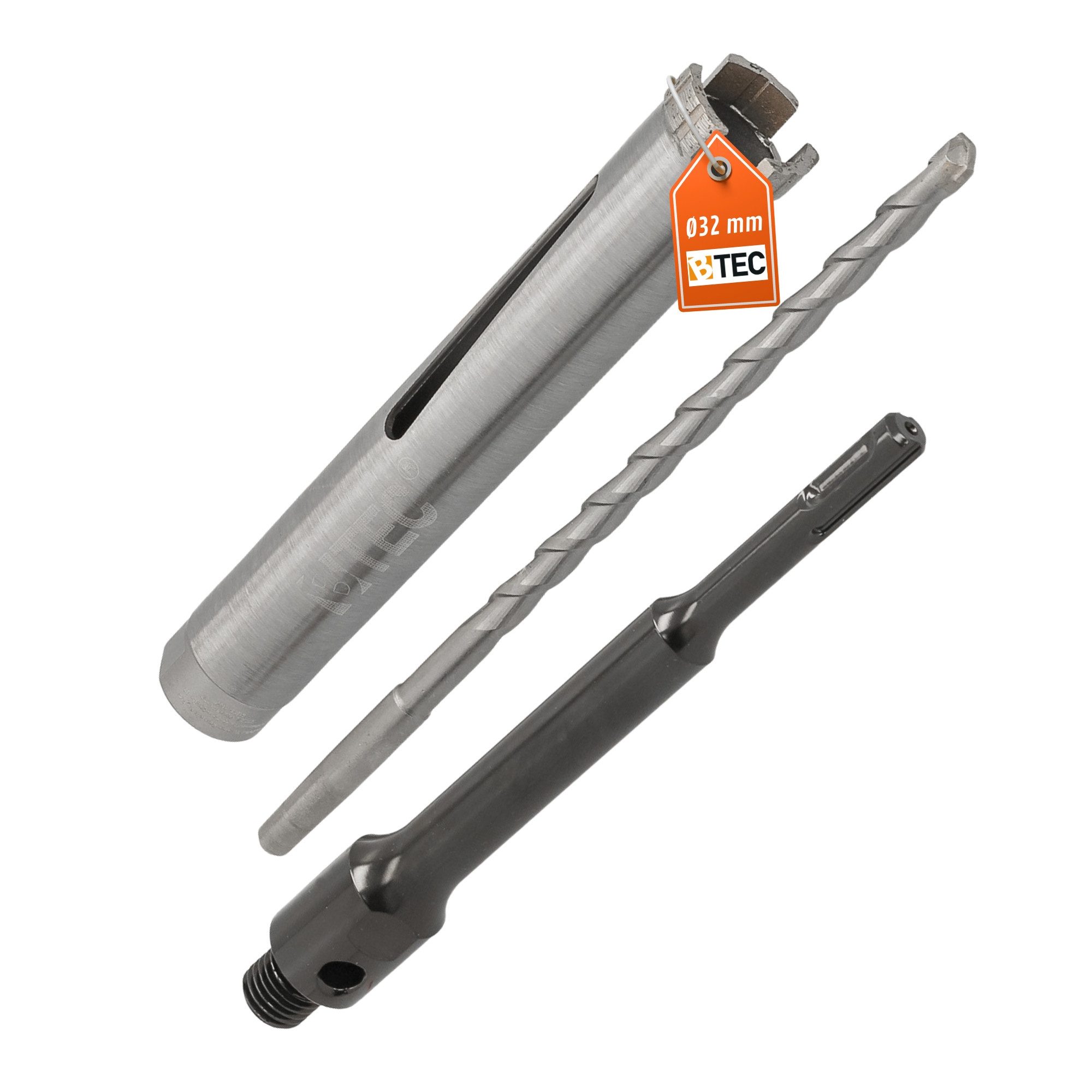 BTEC Diamanttrockenbohrer Diamant Bohrkrone 180mm Ø 32mm SDS + Adapter lang mit Zentrierbohrer, Ø 32 mm