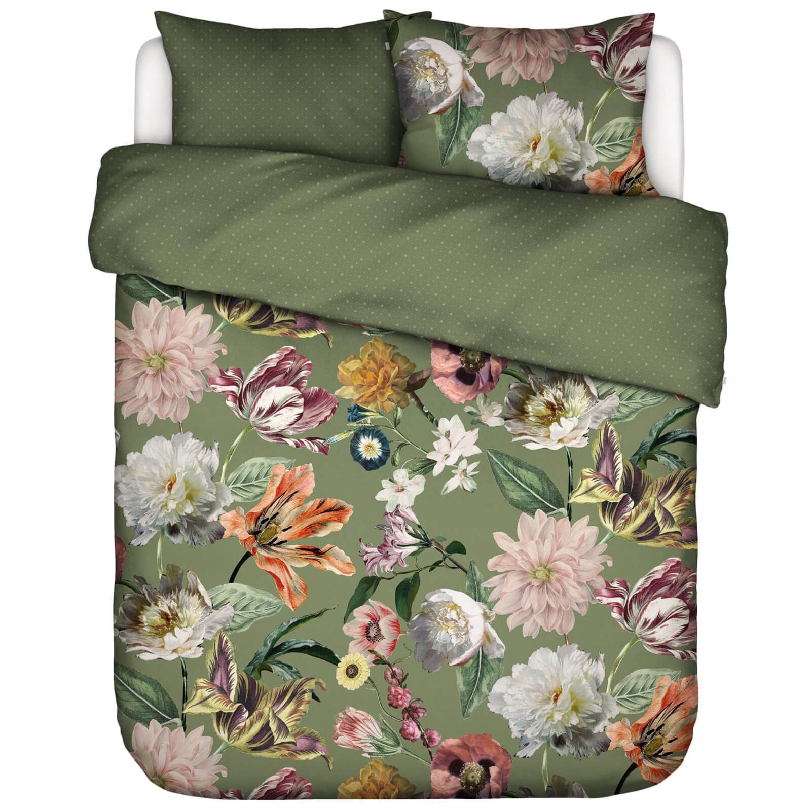 Essenza Bettwäsche Filou Forest Green Satin, Satin, 2 teilig, Blumen, Rosen, Dahlien, Punkte – Bild 4 von 5