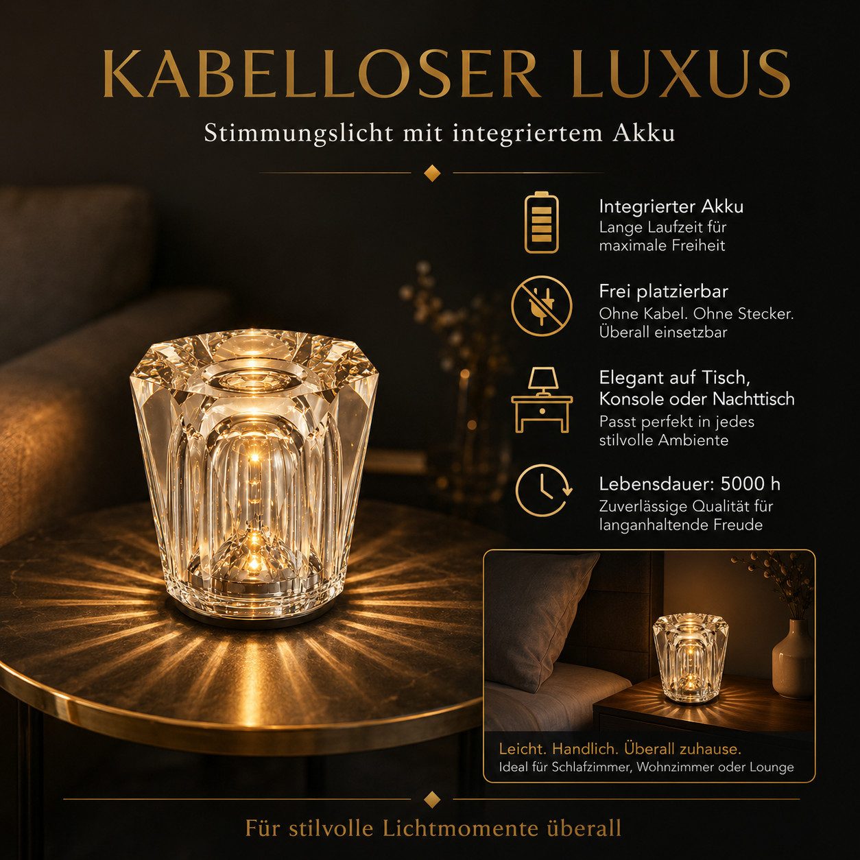 Luckice LED Nachttischlampe LED-Kristalllampe fürs Schlafzimmer,echte Kristall-Ambientelampe, wiederaufladbare Tischlampe, kabellose Mini-Leuchte mit drei Helli – Bild 5 von 5