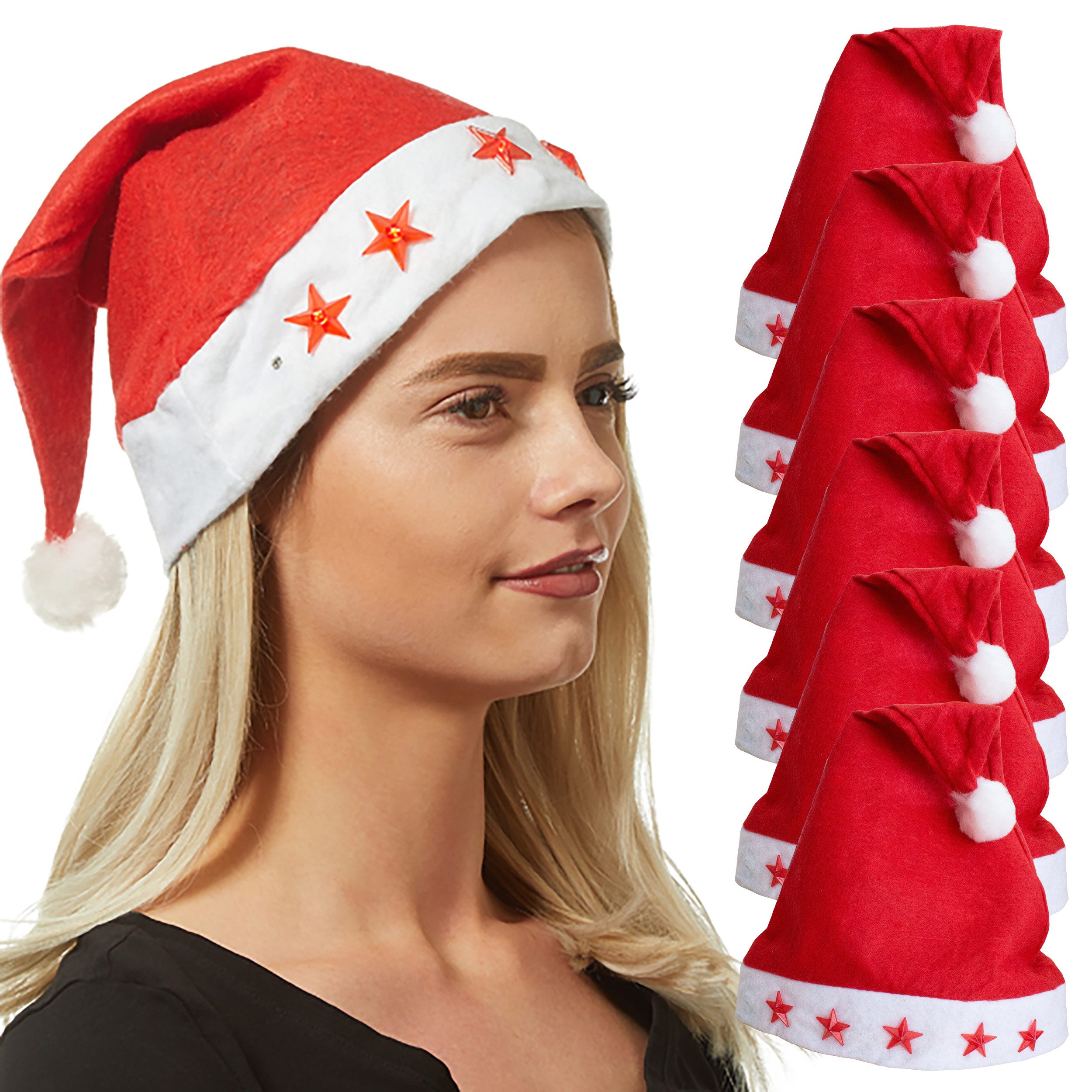 Annastore Bommelmütze 6 x Weihnachtsmütze mit blinkenden Sternen Nikolausmü günstig online kaufen