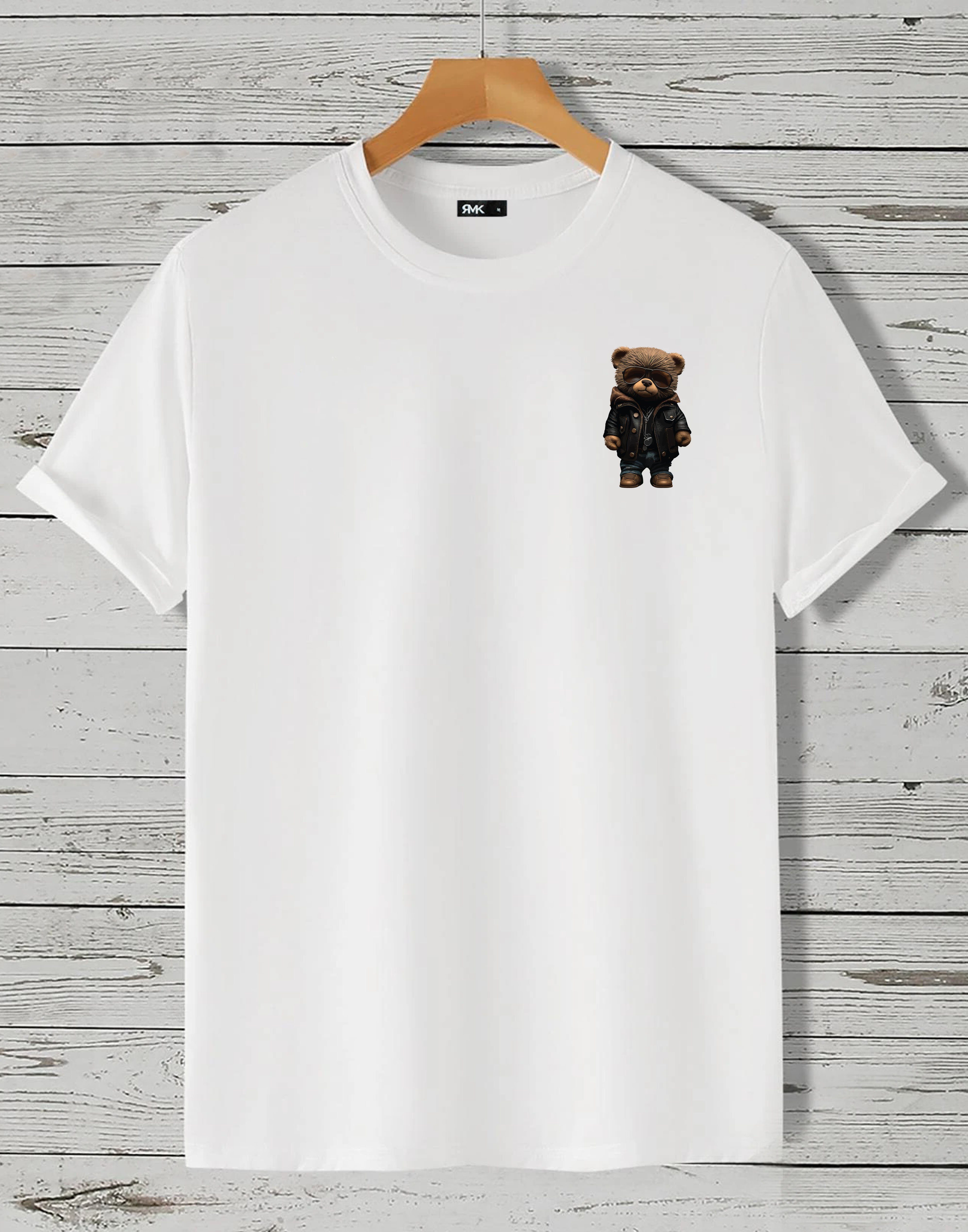 RMK T-Shirt Herren Shirt Rundhals Basic Druck (Teddybär Sonnenbrille Lederjacke) in Unifarbe, mit lizenziertem Print, aus Baumwolle Weiß (klein)