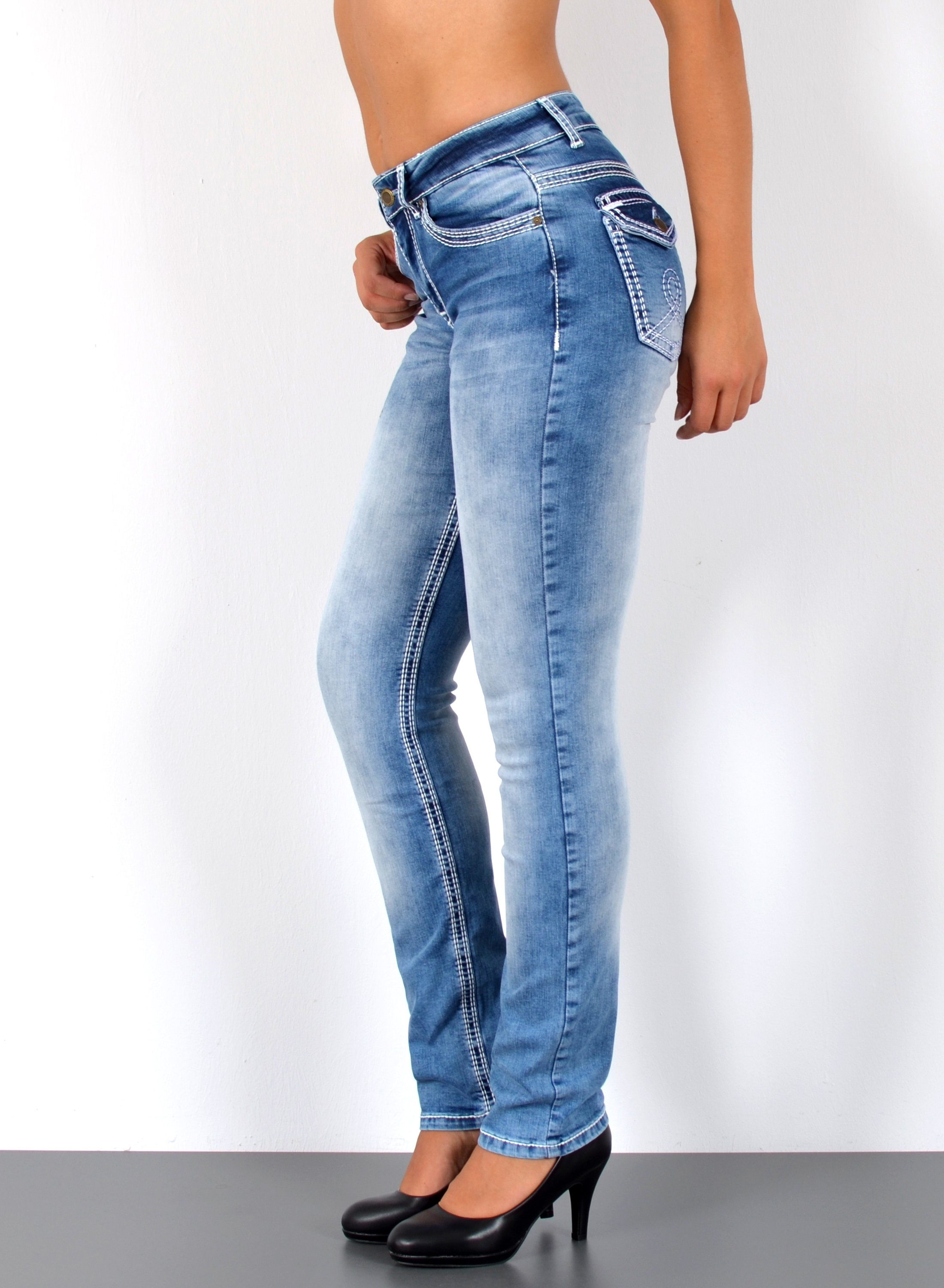 ESRA Straight-Jeans High Waist Straight Fit Jeans Damen Stretch Hose mit dicker Naht G11 High Waist Damen Jeanshose Straight Leg mit dicker Naht bis Übergröße