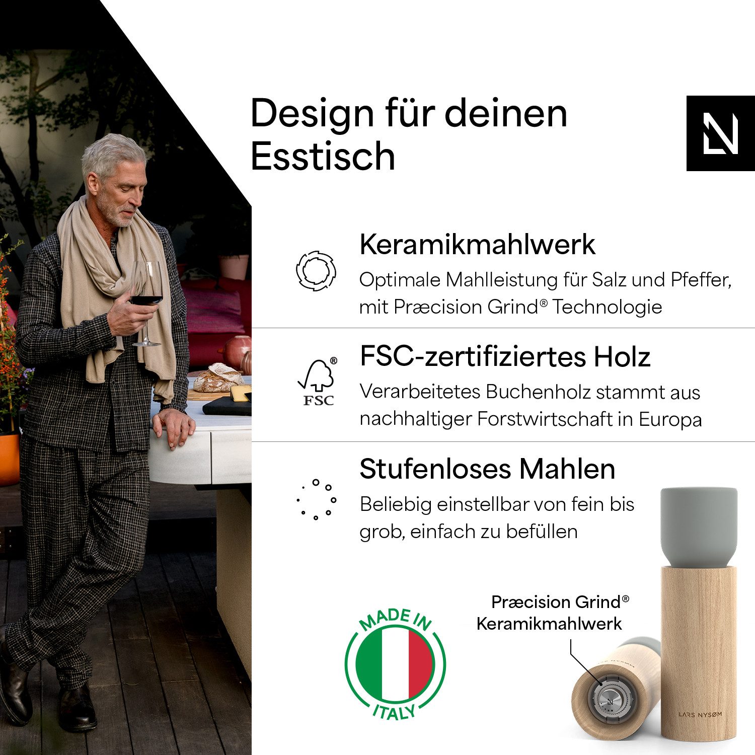 LARS NYSØM Gewürzmühle Ligevægt manuelle Bedienung, (2 Stück), Gewürzmühlen aus Holz mit Untersetzer & Keramikmahlwerk