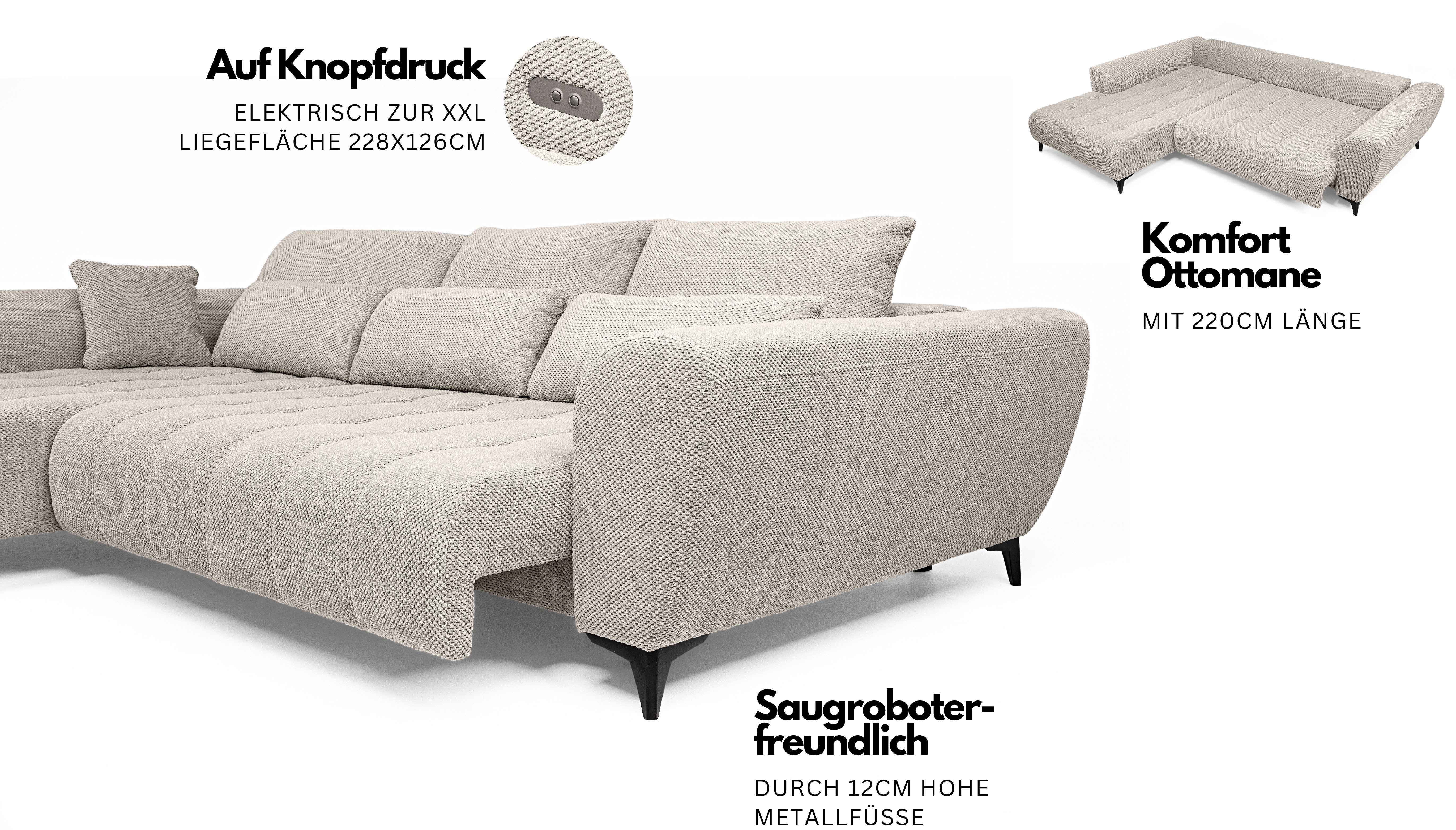 WERK2 Ecksofa Garay, XXL-Liegefläche: elektrisch ausziehbar auf ca. 228×126 cm, Luxus in Übergröße: XXL-Liegefläche, Komfort-Ottomane & stilvolle Füße