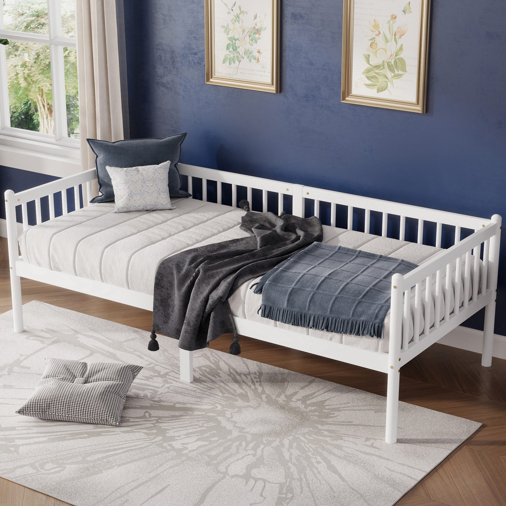 Celya Holzbett Schlafsofa 90 x 200 cm mit 3-seitigem Geländer und 14 Stützlatten (ohne Matratze, 2-in-1-Design, mit Stauraum unter dem Bett), Ideal für für Kinder-, Jugend- oder Gästezimmer