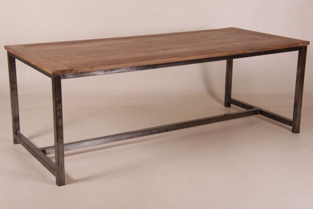 Landhaus Vintage Teak Esstisch Tisch Holzfarben Teakholz Esstisch - Casa Stil Padrino mit Metallgestell