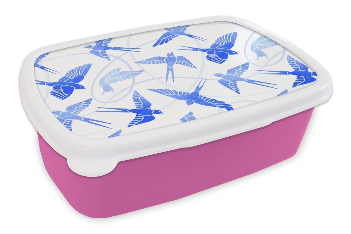 MuchoWow Lunchbox Muster - Blau - Vogel, Kunststoff, (2-tlg), Brotbox für Erwachsene, Brotdose Kinder, Snackbox, Mädchen, Kunststoff rosa