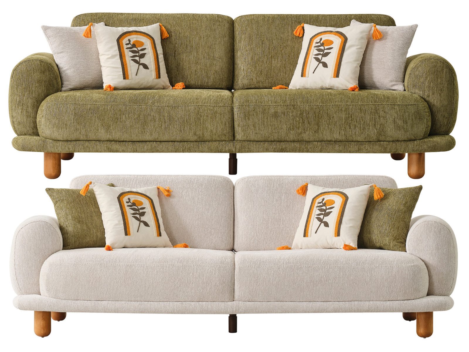 Villa Möbel Polstergarnitur Freyza 2, (Sofa Set, 3-Sitzer + 3-Sitzer), Runde Form Strukturstoff Holzfüße zweifarbiges Set