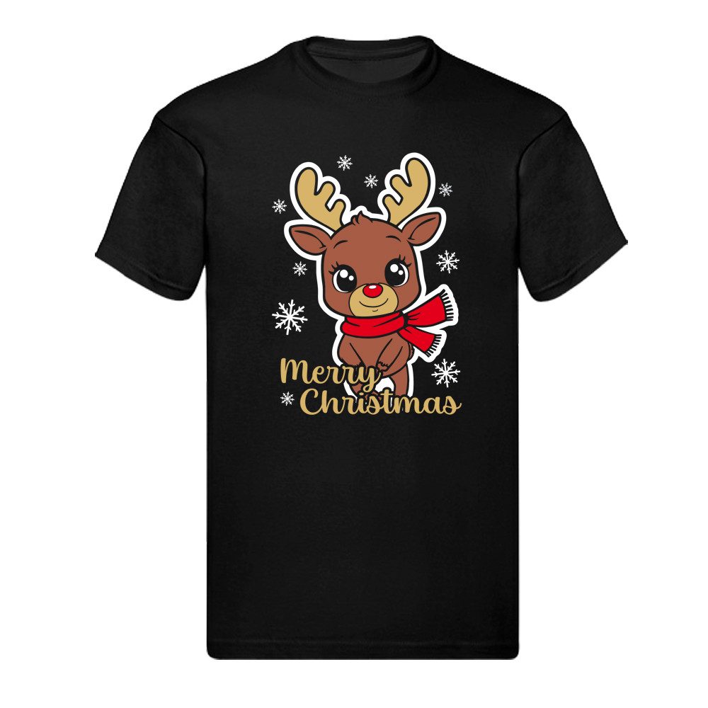 T-Shirt Merry Christmas – Rentier mit Kulleraugen & Schal