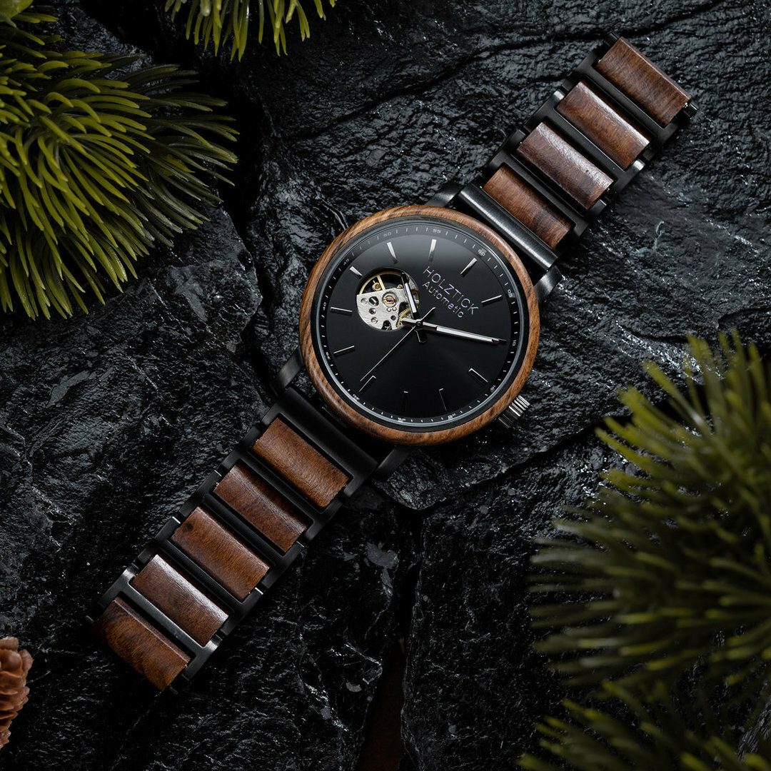 Holztick Bavaria Automatikuhr Bruno black BRUNO BLACK, moderne Herrenuhr aus Tigerholz gefertigt