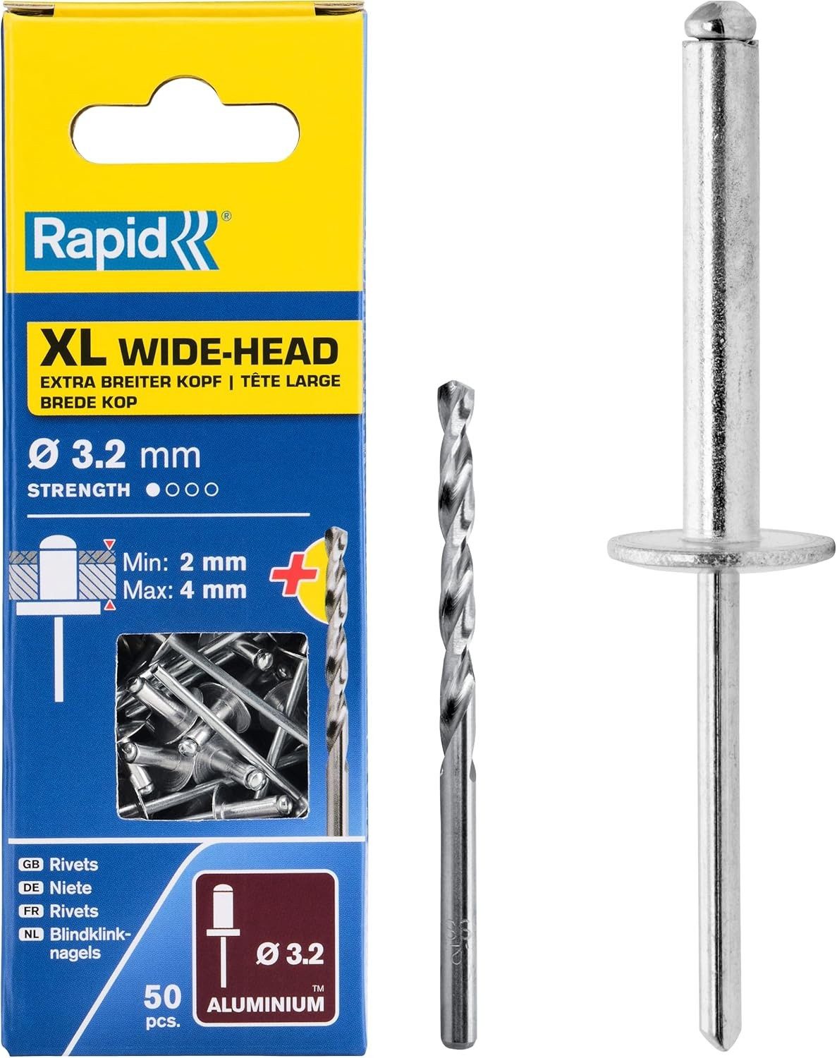 Rapid Niete Rapid Blindnieten Großkopf Aluminium 3,2 mm 2 bis 4 mm 50 Stück, Hochwertige Aluminium Blindnieten mit großem Flachrundkopf. Mit