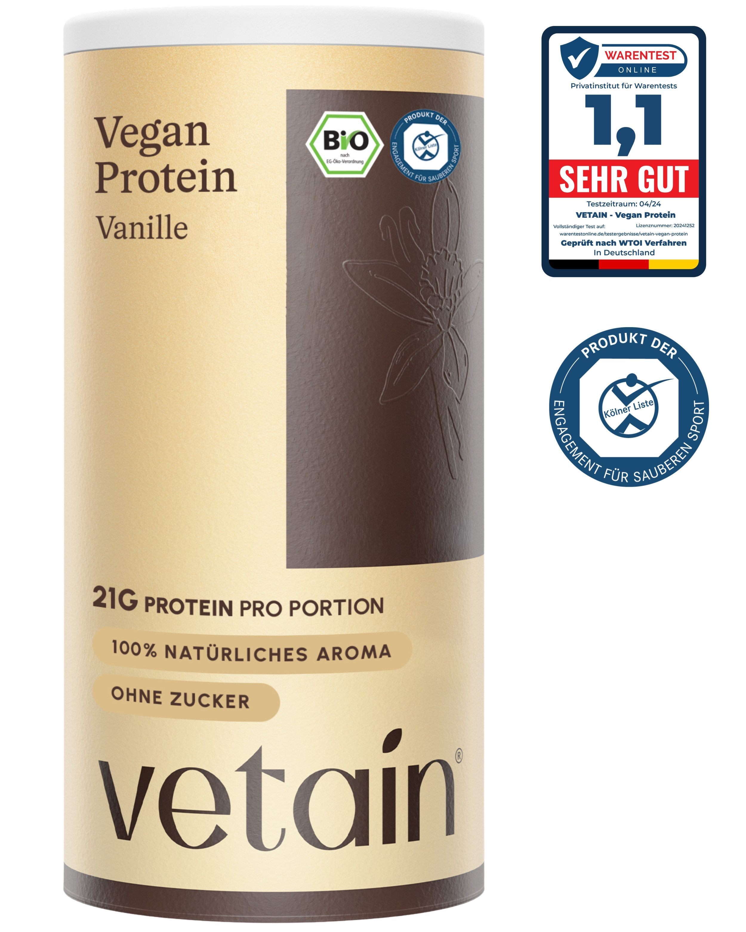 VETAIN Protein Pulver Vegan - Bio Protein Pulver, 540 g, Fermentiertes Erbsenprotein, ohne Stevia, Sucralose & Aspartam