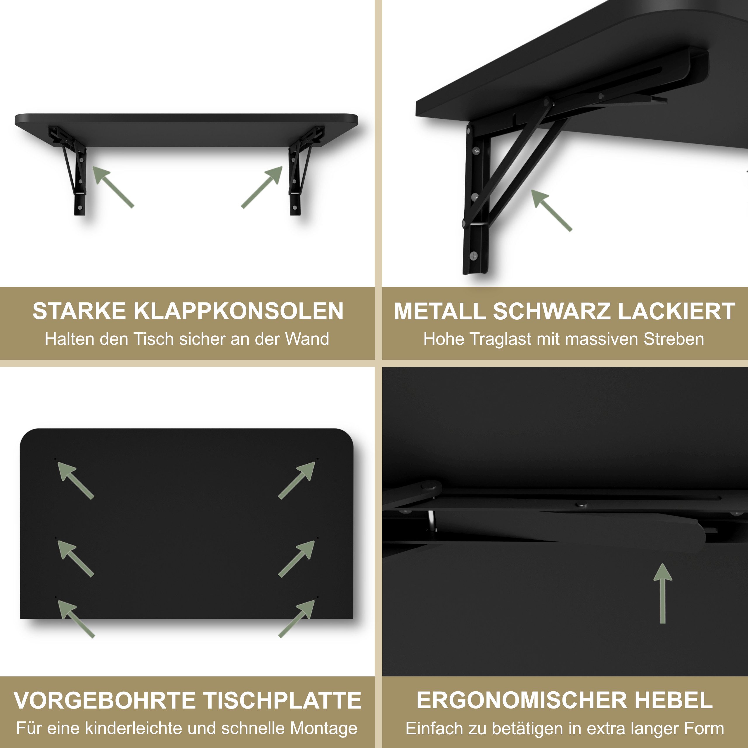 KDR Produktgestaltung Klapptisch Wandklapptisch Esstisch Küchentisch Schreibtisch Wand Tisch, 70x40 cm in Schwarz
