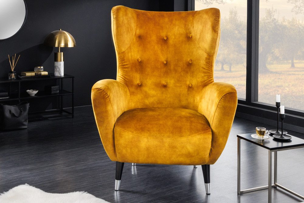 riess-ambiente Ohrensessel DON senfgelb/silber · Ohrensessel mit Fußkappen & Federkernpolsterung (Einzelartikel, 1-St), Samt-Bezug · Zierknöpfe · Taschenfederkern · Lesesessel · Retro-Design