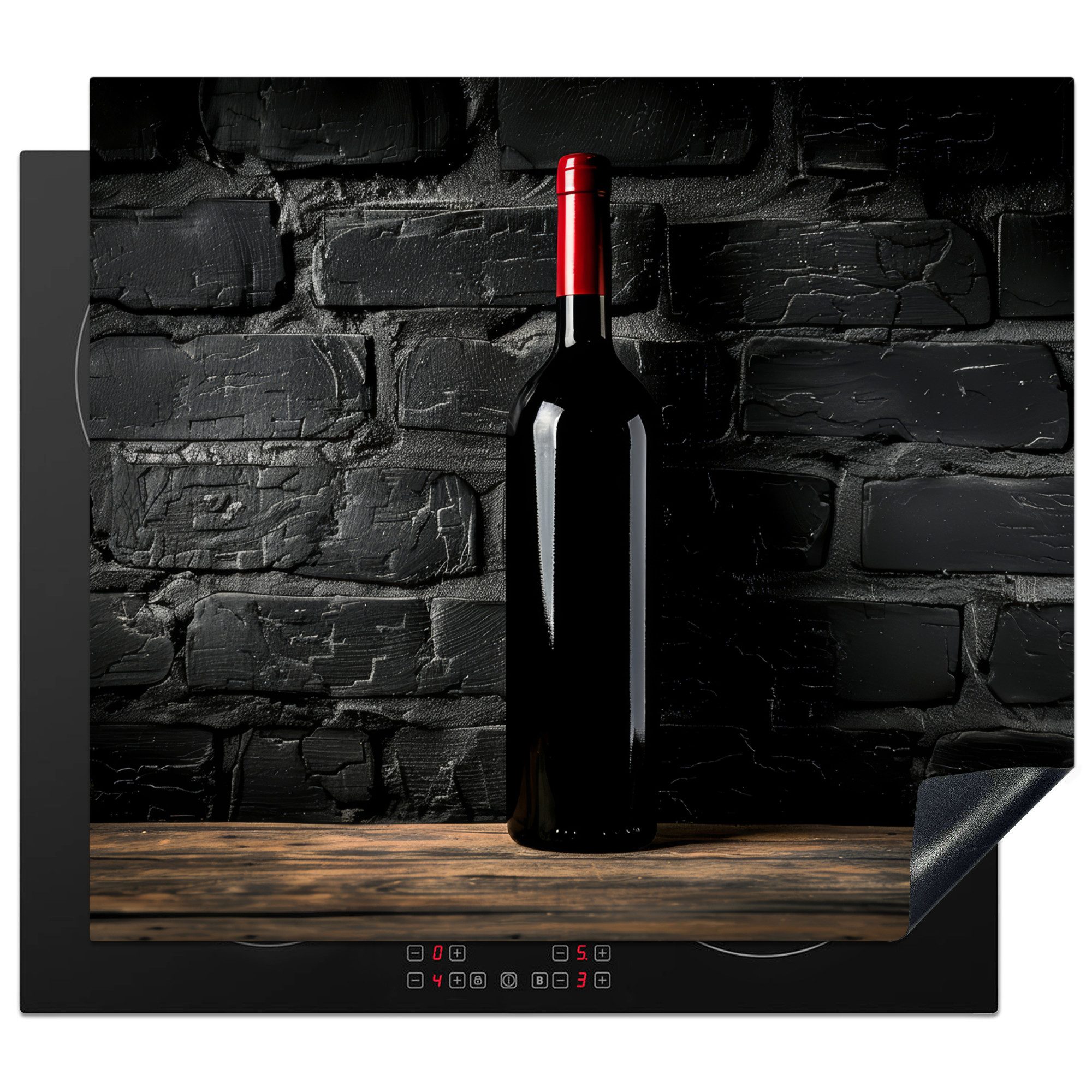 MuchoWow Herd-Abdeckplatte Wein - Flasche - Holz - Stein, Vinyl, (1 tlg), Ceranfeldabdeckung Küche, Herdabdeckplatte Einteilig, 59x51 cm