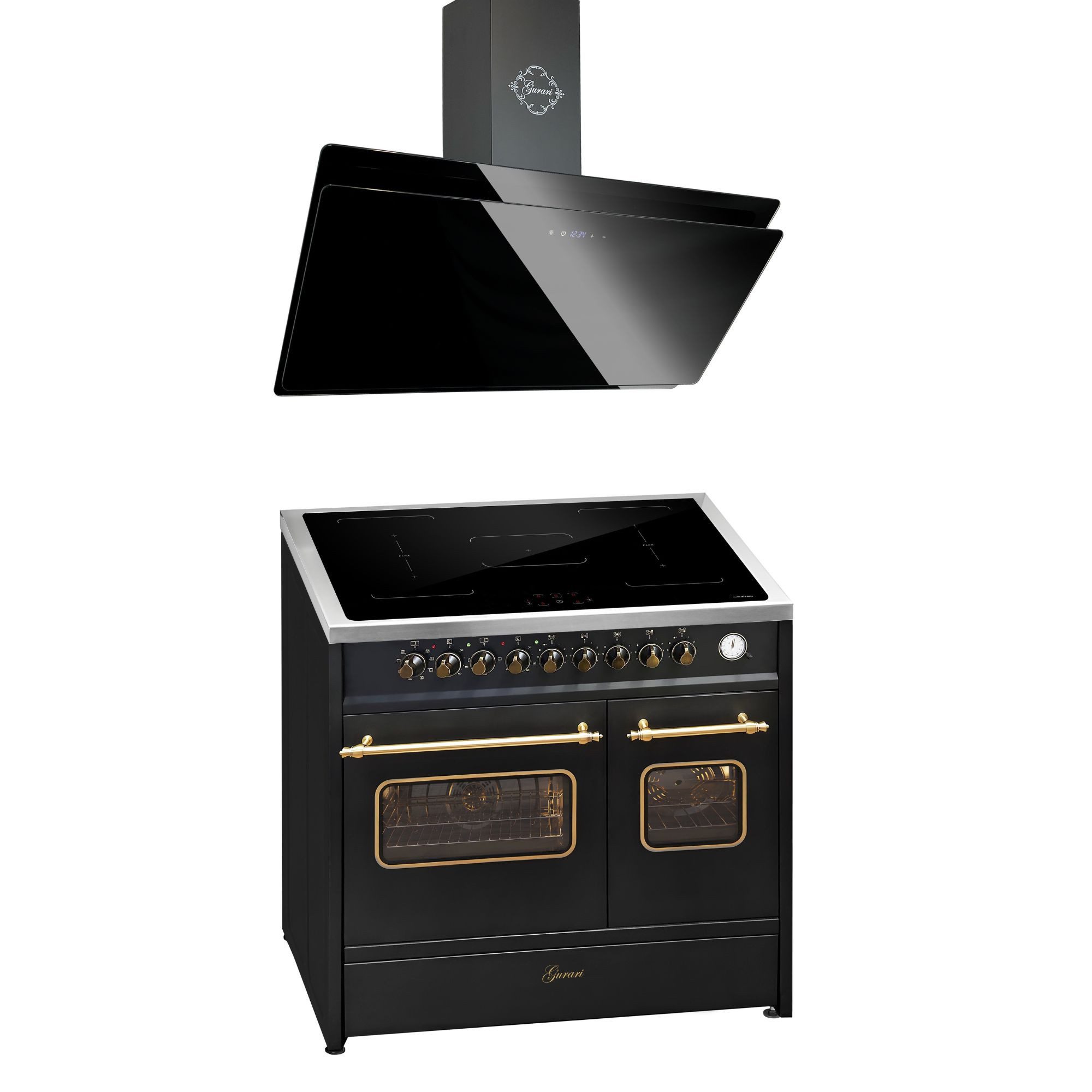 GURARI Induktions-Standherd 90 cm Herd Freistehend Retro Elektro Range Coocker mit FLEX Induktion+Dunstabzugshaubeб 90 cm, 1000 m³/h E 913 DF RU BL+GCH S 411 90 BL PRIME N, mit 1-fach-Teleskopauszug