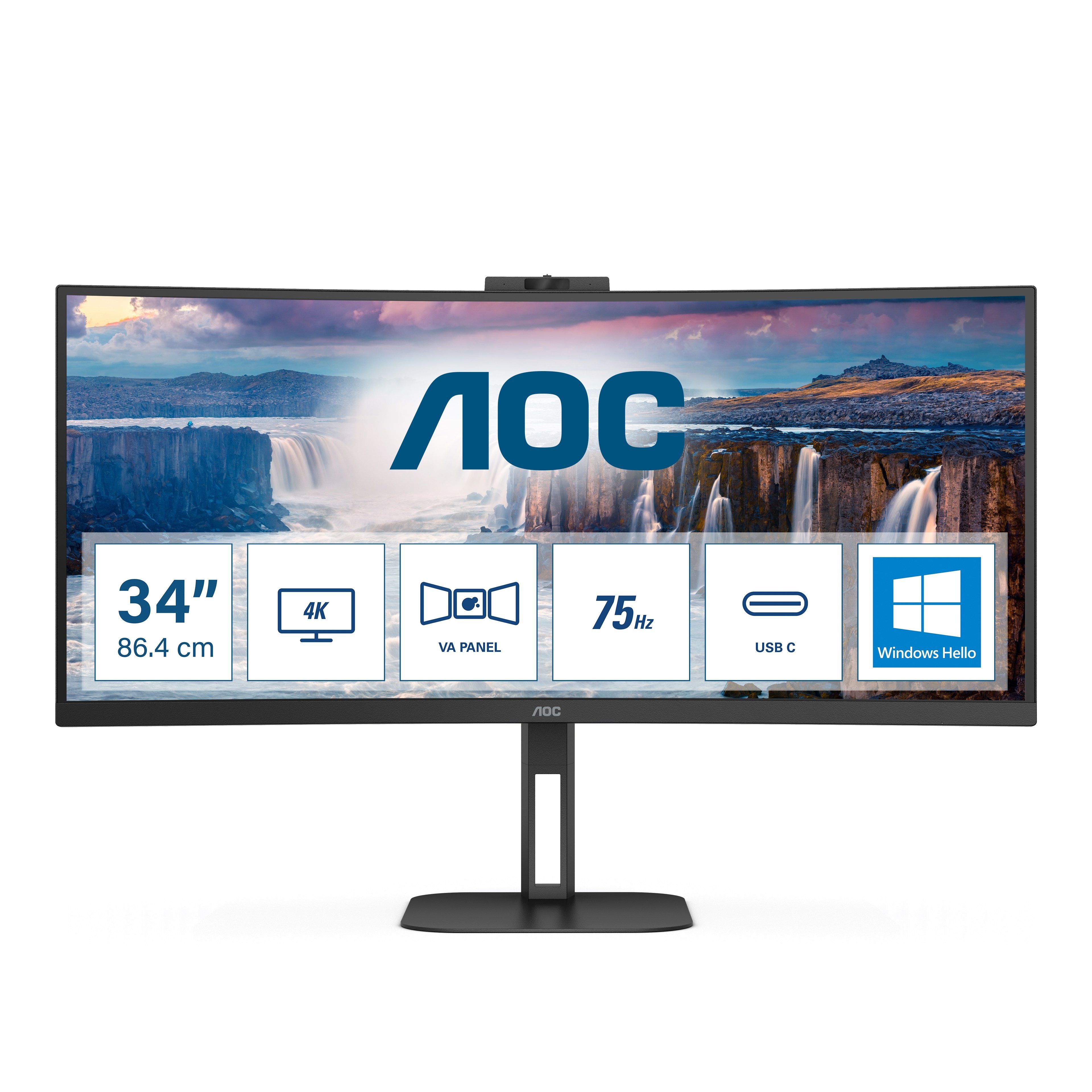AOC CU34V5CW/BK Curved-Gaming-Monitor (86,3 cm/34 ", 3440 x 1440 px, 1 ms Reaktionszeit, 100 Hz, VA LCD, integrierte Windows-Hello-Webcam)