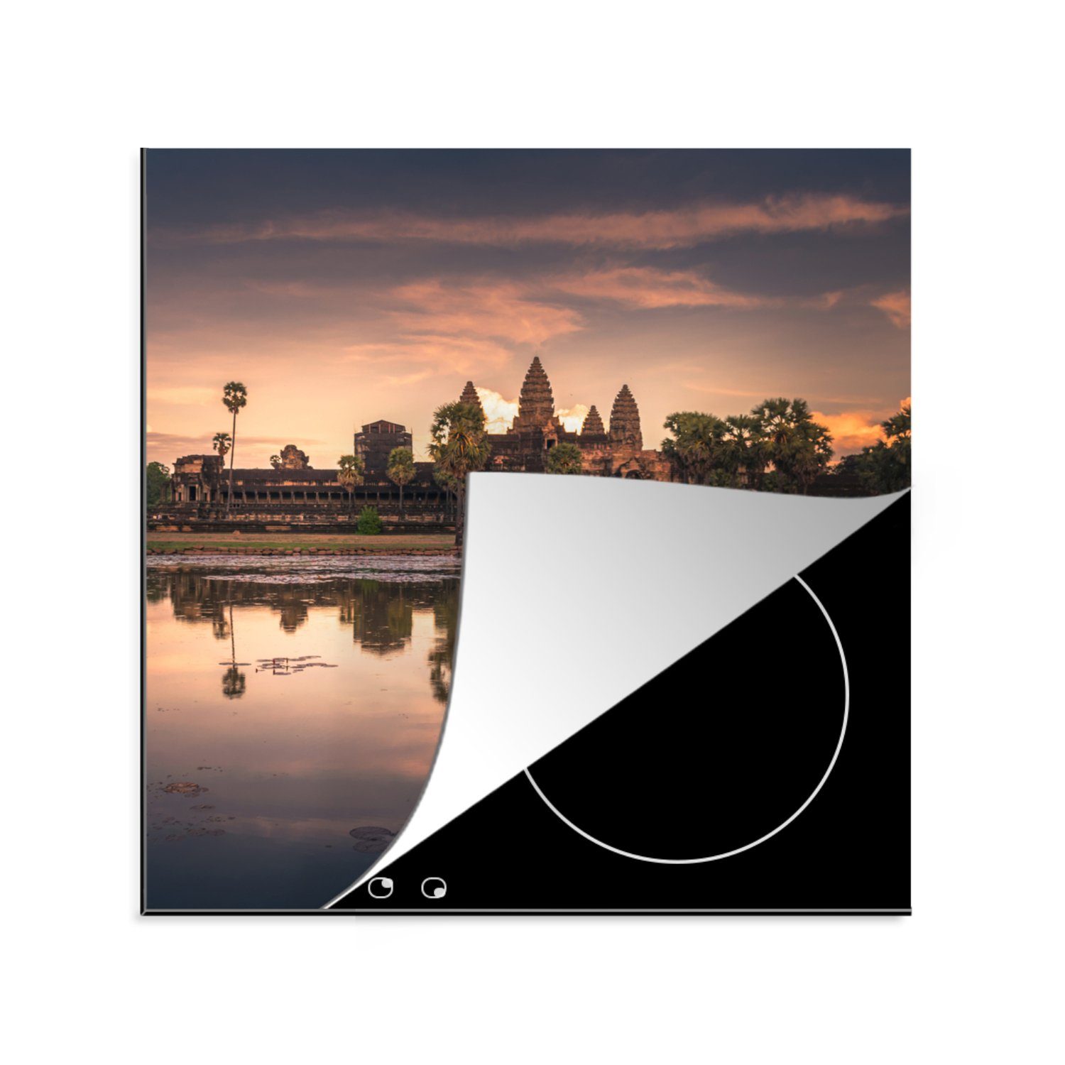 Vinyl, 78x78 - Herdblende-/Abdeckplatte Arbeitsplatte Ceranfeldabdeckung, MuchoWow (1 tlg), - Wasser, cm, Kambodscha Tempel küche für