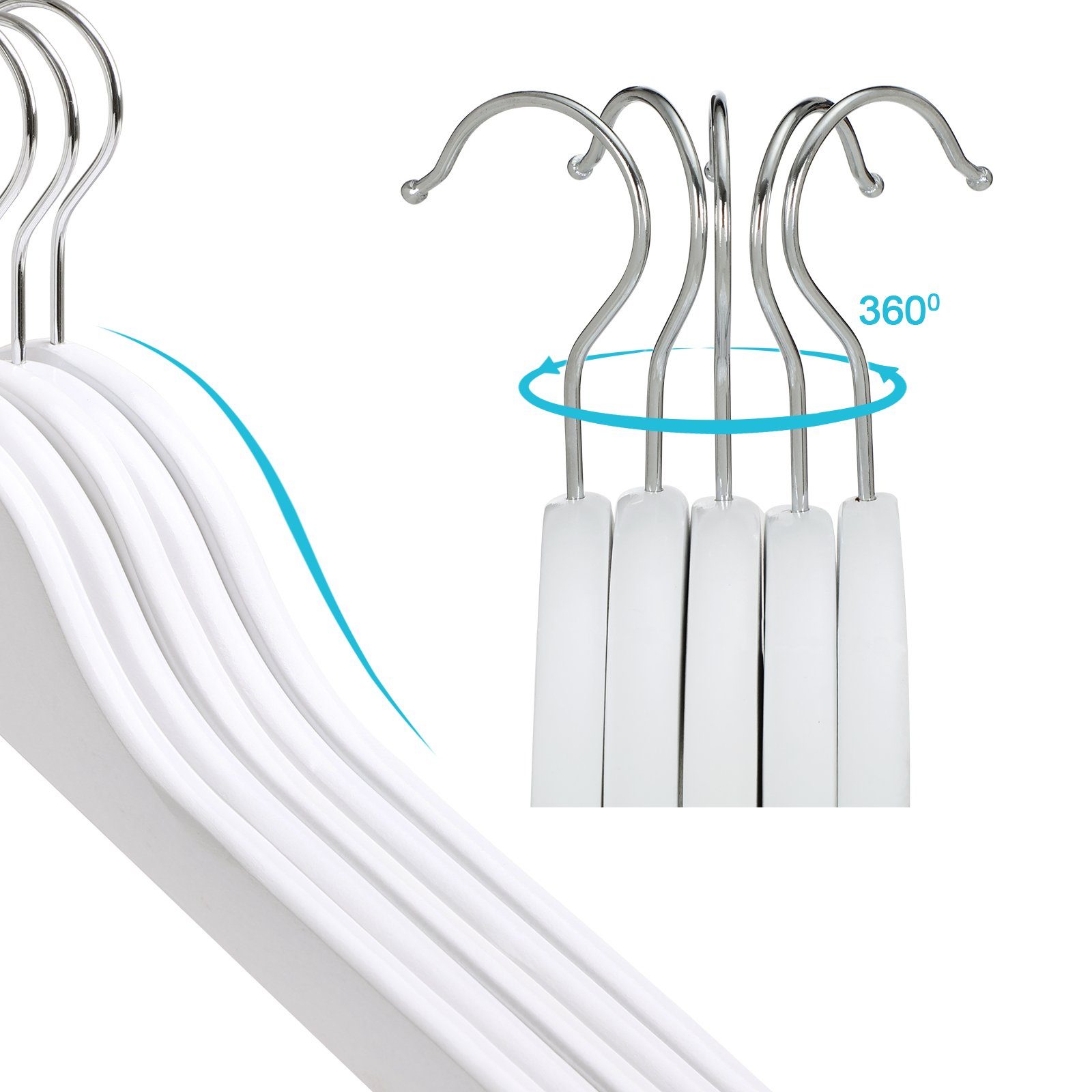SONGMICS Kleiderbügel Kinderkleiderbügel, 35cm lange Bügel, Massivholz, 360° drehbar Haken, (20-tlg), mit rutschfestem Hosensteg und Einkerbungen, Weiß – Bild 5 von 5