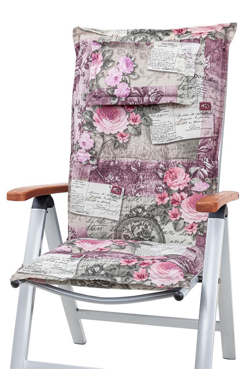 KETTtex Hochlehnerauflage Hochlehner Rom 0798 rosa-grau Blumen Landhaus 123x50x9 cm KETTtex, (1 St), Halteband verstellbar mit Bindebändern