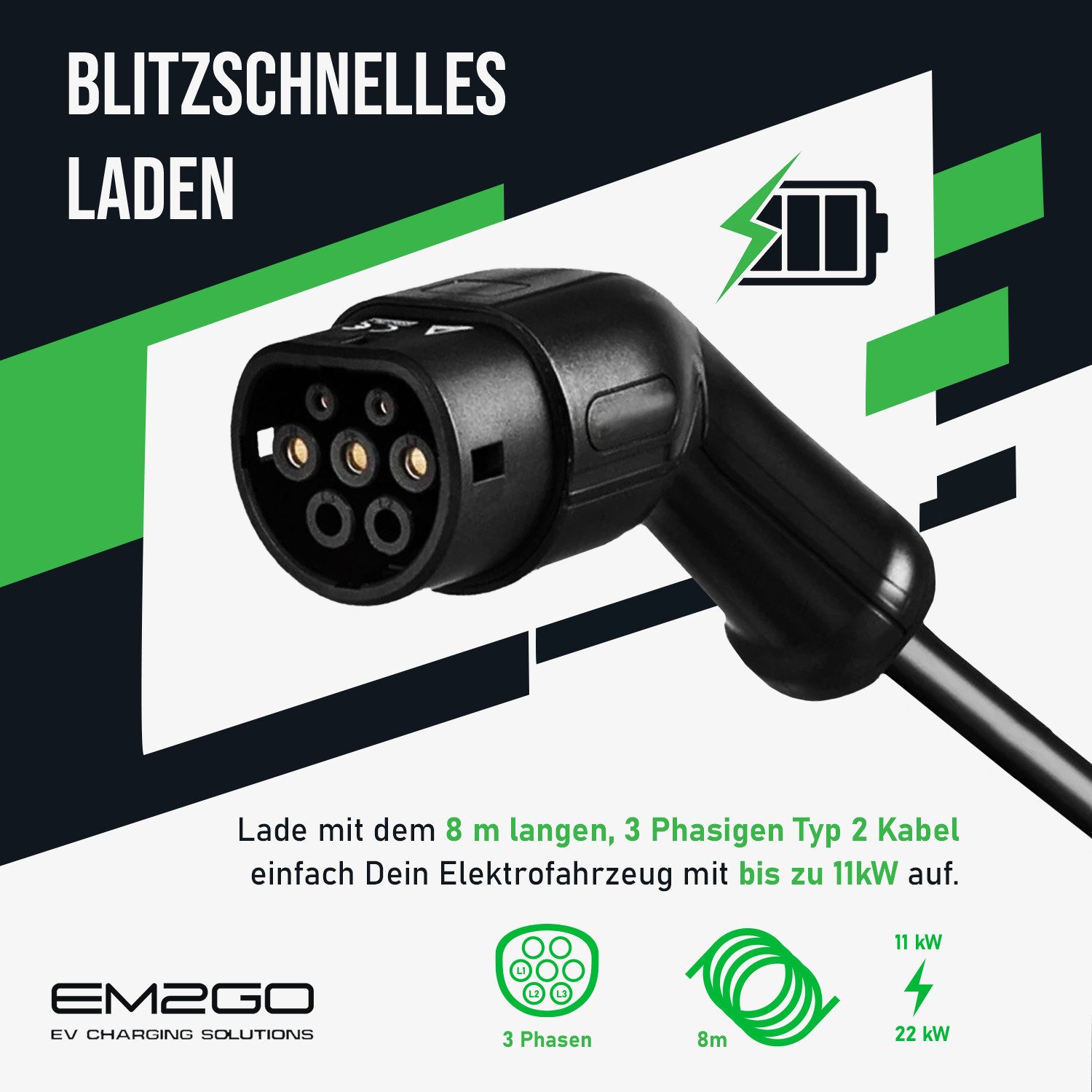 EM2GO Typ 2 Ladekabel 11kW 8m für Wallbox und E-Auto Ladestation Autoladekabel, 16A