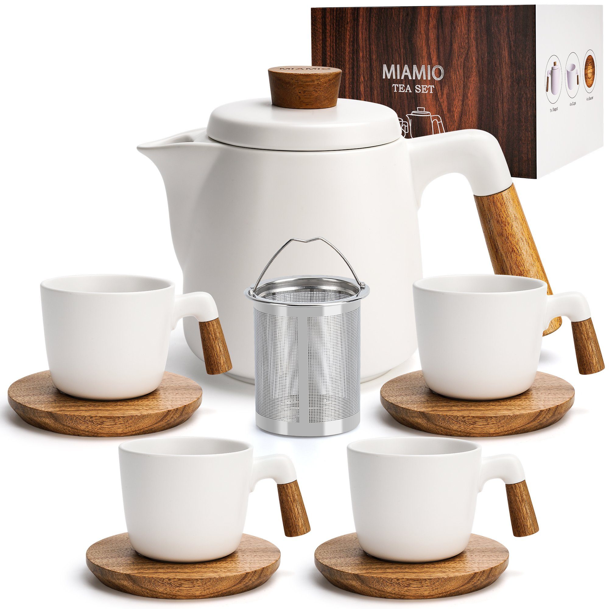 Teeservice 1 Liter Keramik-Teekannen-Set mit Siebeinsatz und 4 Keramik-Tassen