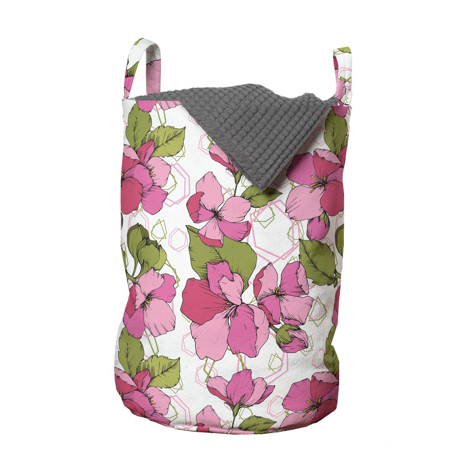 Abakuhaus Wäschesäckchen Wäschekorb mit Griffen Kordelzugverschluss für Waschsalons, Rosa Blumen Blooming auf Geometric | Wäschesäcke