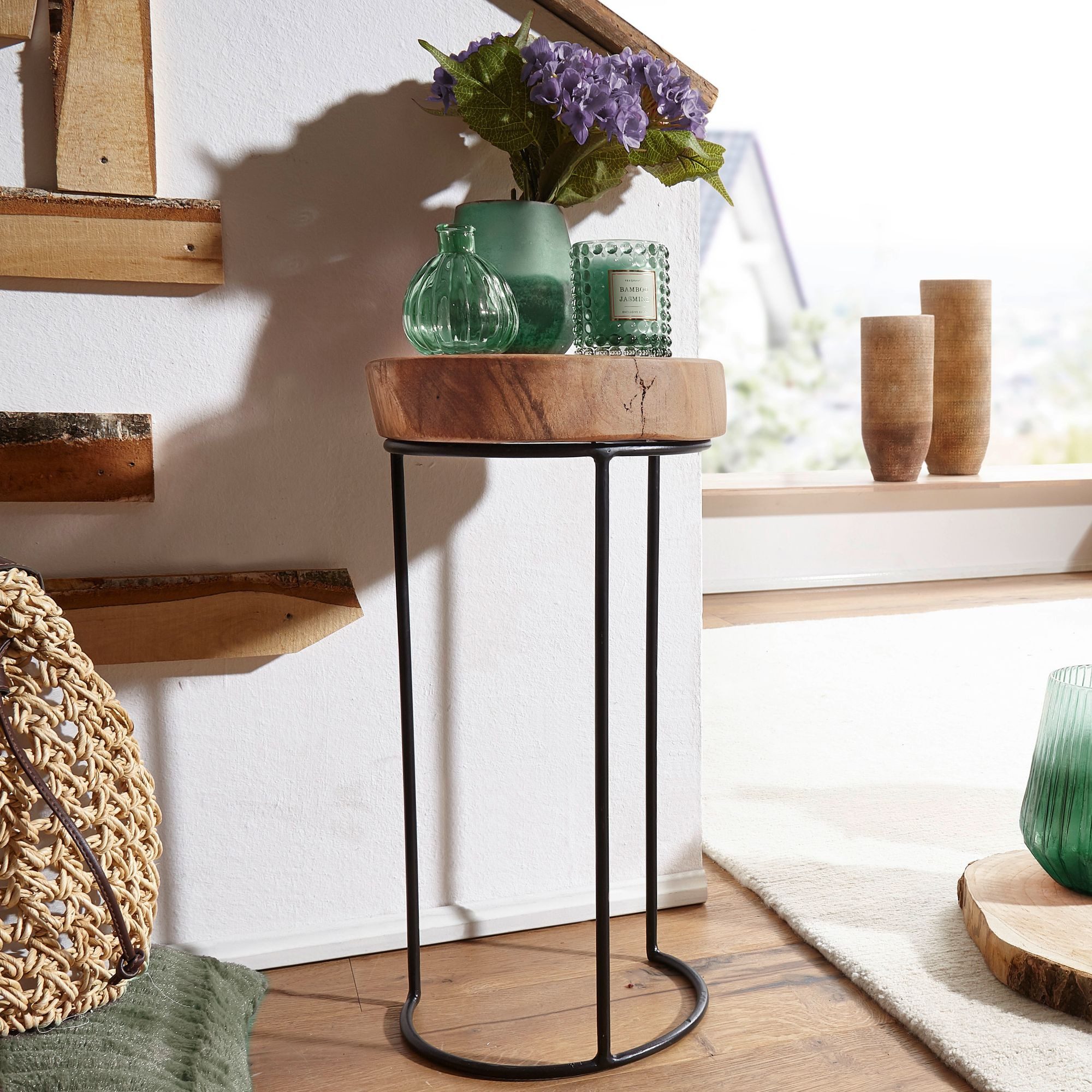 FINEBUY Beistelltisch SuVa2502_1 Massiv Wohnzimmertisch Holz Baumstamm Tisc günstig online kaufen