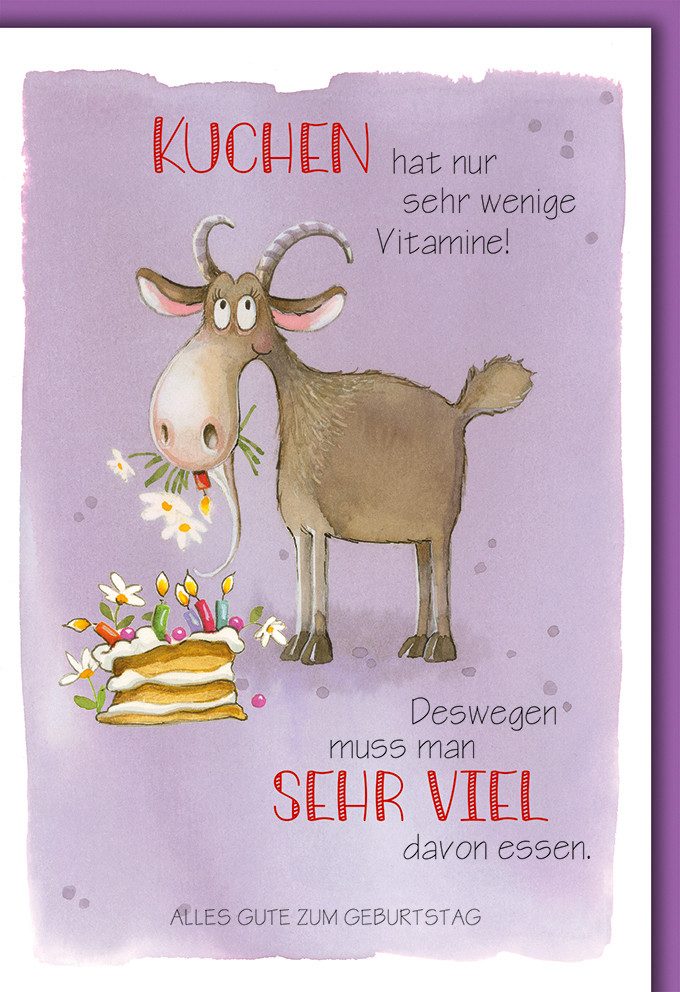 Grußkarten Geburtstag - Karte mit Umschlag - Ziege mit Kuchen, gezeichnet