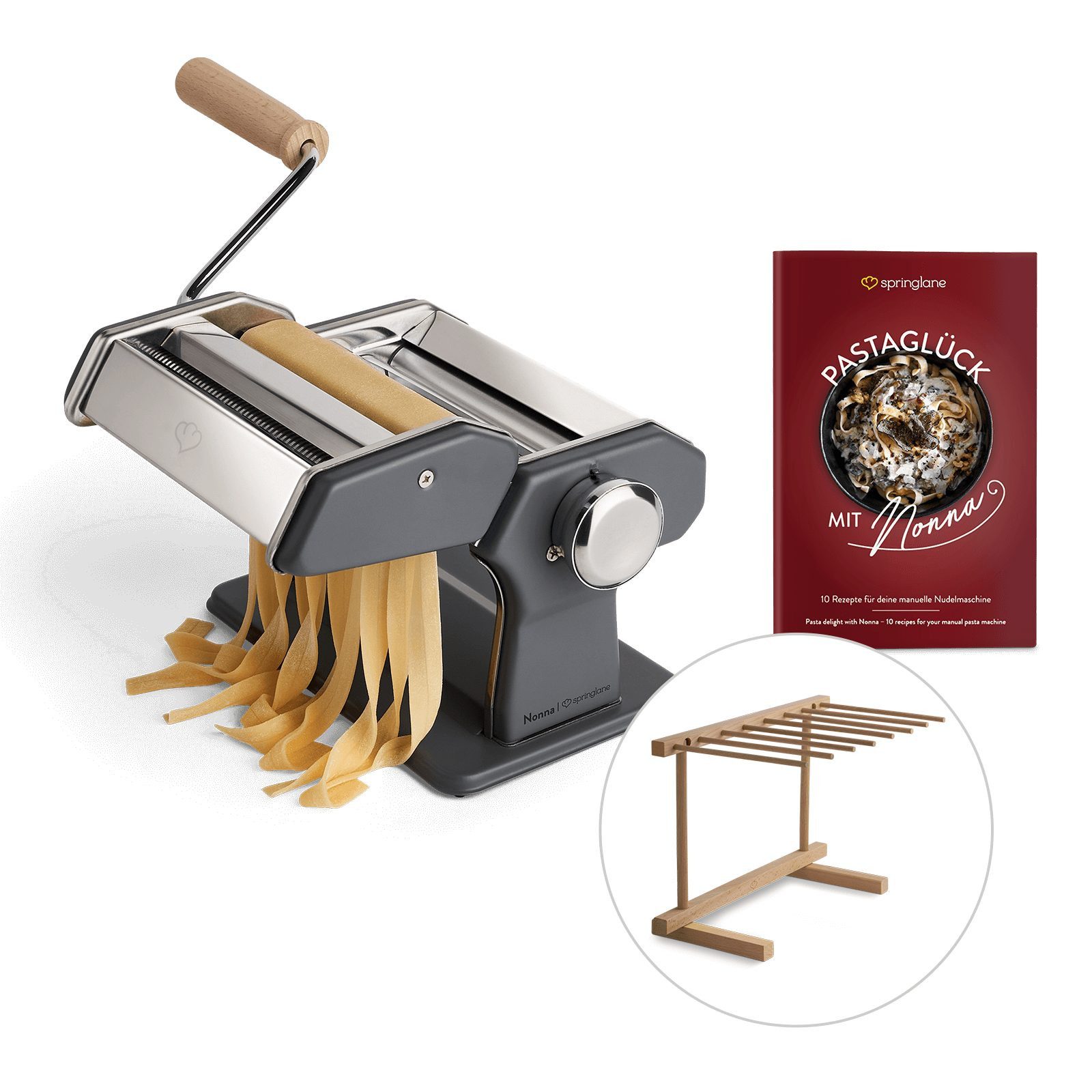 Springlane Nudelmaschine - Manuelle Nudelmaschine aus Edelstahl - Pastamaker inkl. Rezeptbuch, Nudeltrockner & 3 Schneideaufsätze, 9 Teigdicke-Stufen