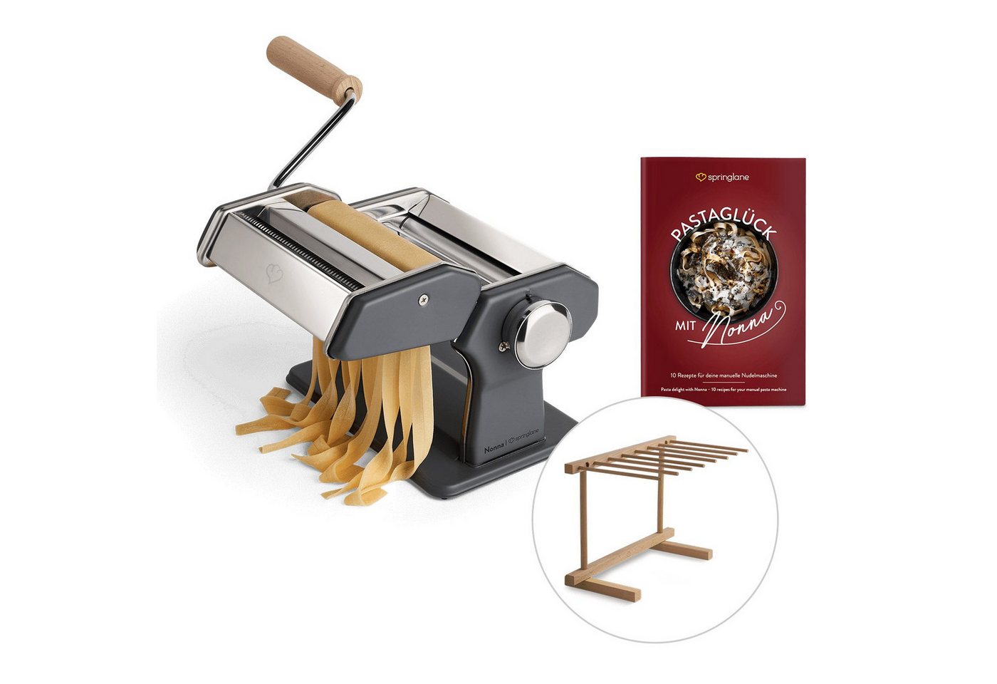 Springlane Nudelmaschine - Manuelle Nudelmaschine aus Edelstahl - Pastamaker inkl. Rezeptbuch, Nudeltrockner & 3 Schneideaufsätze, 9 Teigdicke-Stufen