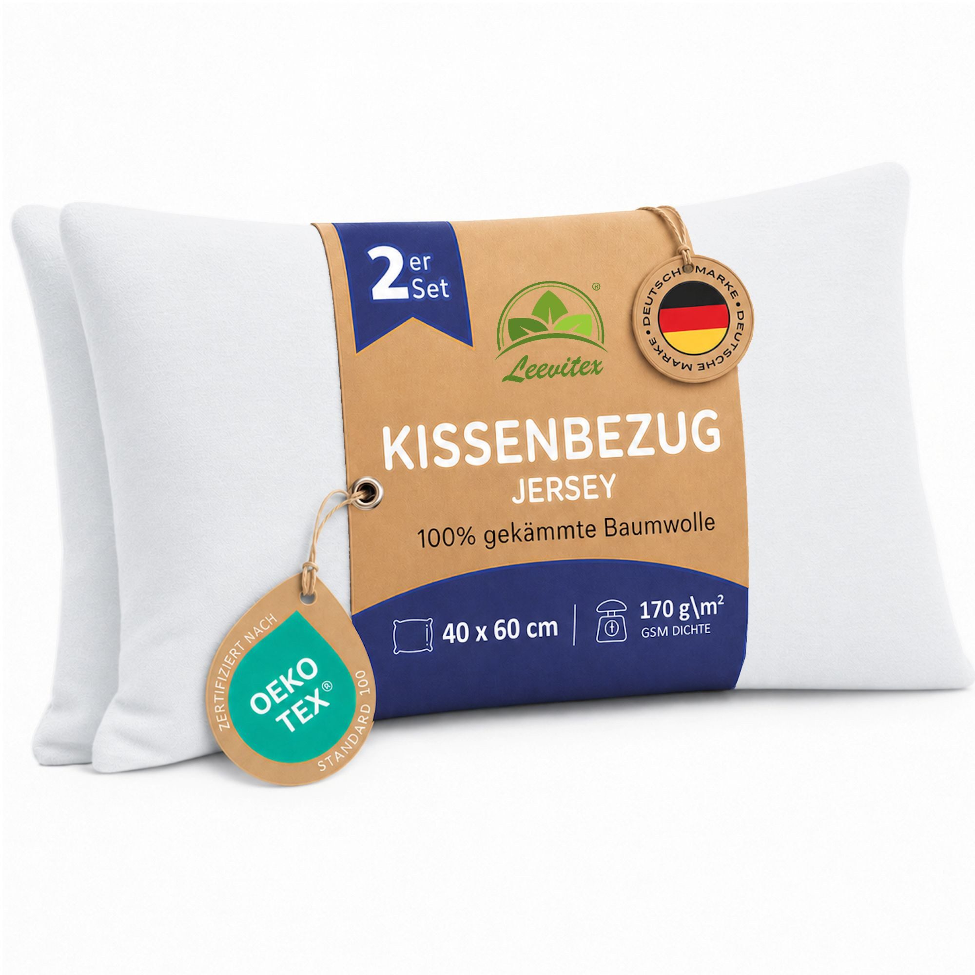 leevitex® Kissenbezüge Kissenbezug 40 x 60 cm, 2er Set, Weiß, (2 Stück), feine Jersey-Qualität, 100% Baumwolle, robuster Reißverschluss