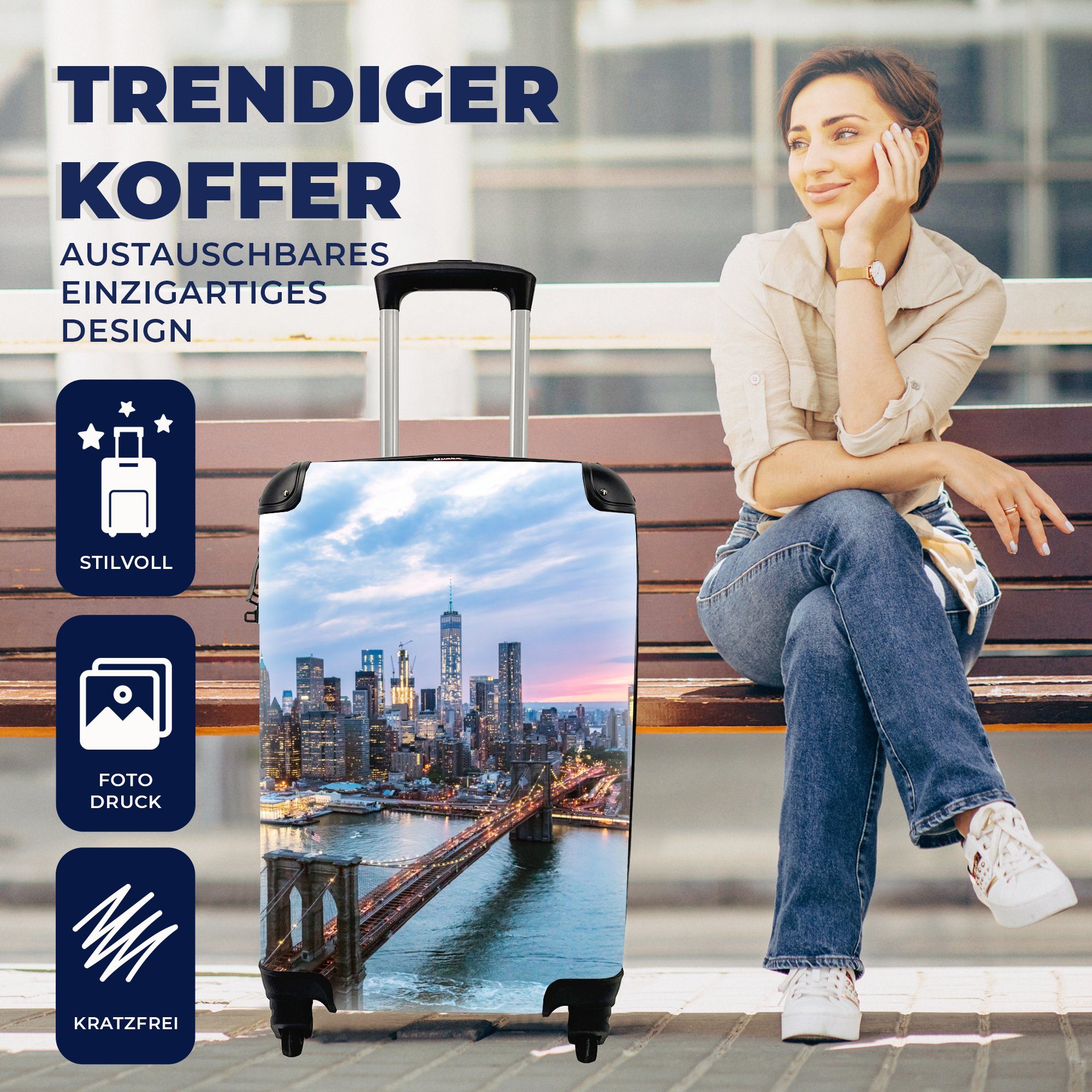 MuchoWow Handgepäckkoffer New Yorker Skyline an der Brooklyn Bridge, 4 Rollen, Reisetasche mit rollen, Handgepäck für Ferien, Trolley, Reisekoffer