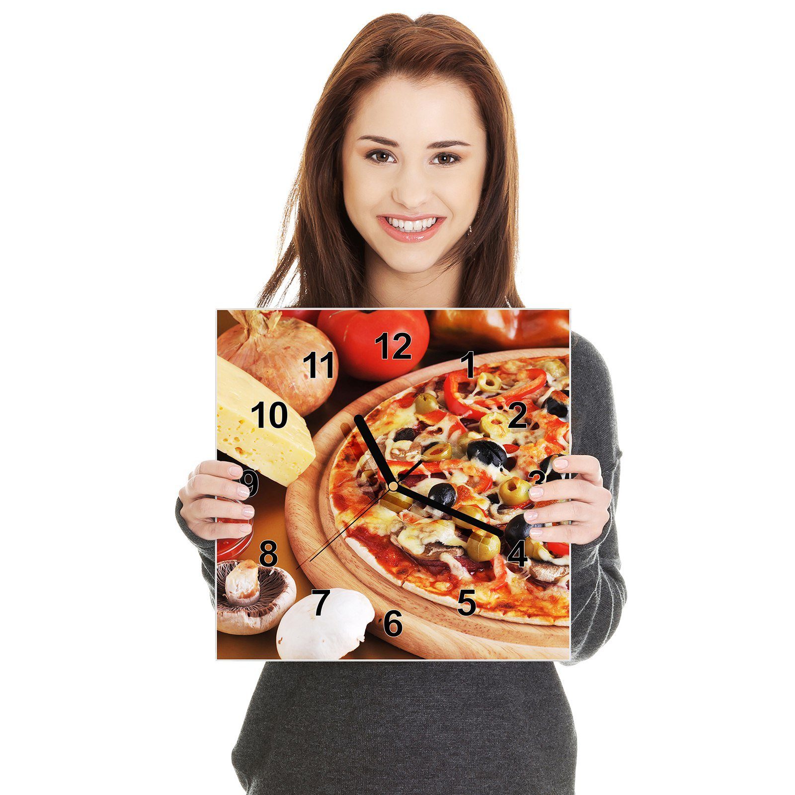Wanduhr Primedeco und Wandkunst x mit cm Wanduhr Pizza 30 Größe Gemüse Motiv Glasuhr 30