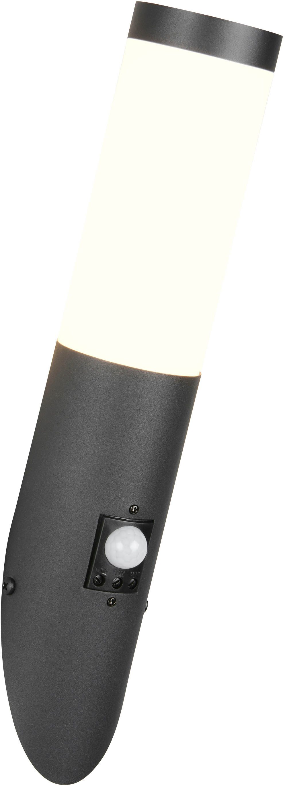 TRIO Leuchten Außen-Wandleuchte TRIOTO, Outdoor Wandlampe Edelstahl, Wandfackel exkl 1x E27 max 25W, Bewegungsmelder, Leuchtmittel wechselbar, warmweiß - kaltweiß, röhrenförmige Hauswand Beleuchtung, Bewegungsmelder, IP44 39cm hoch