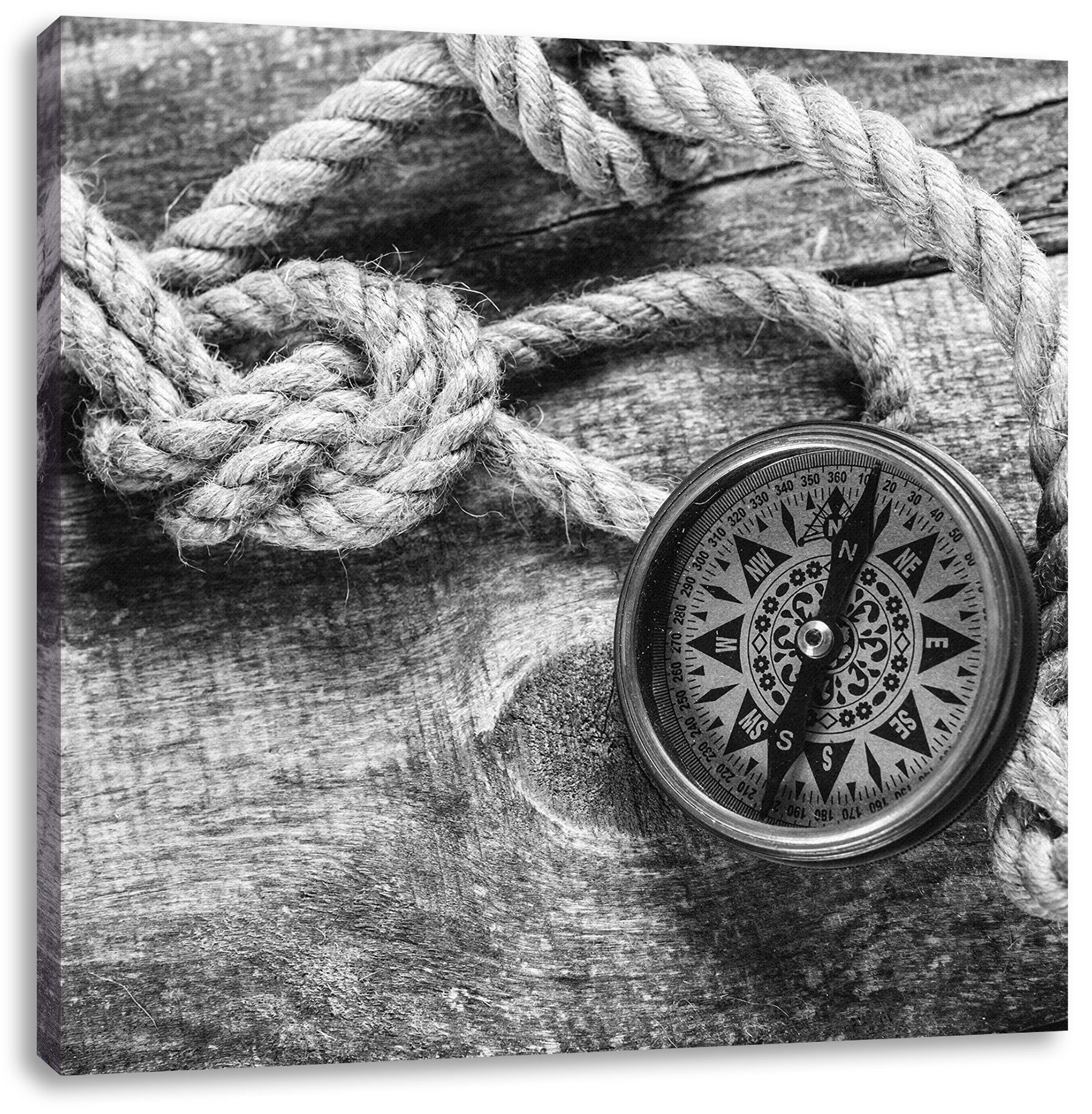 Pixxprint Leinwandbild Kompass (1 inkl. Leinwandbild Zackenaufhänger und Kompass, und Schiffseil fertig Schiffseil bespannt, St)