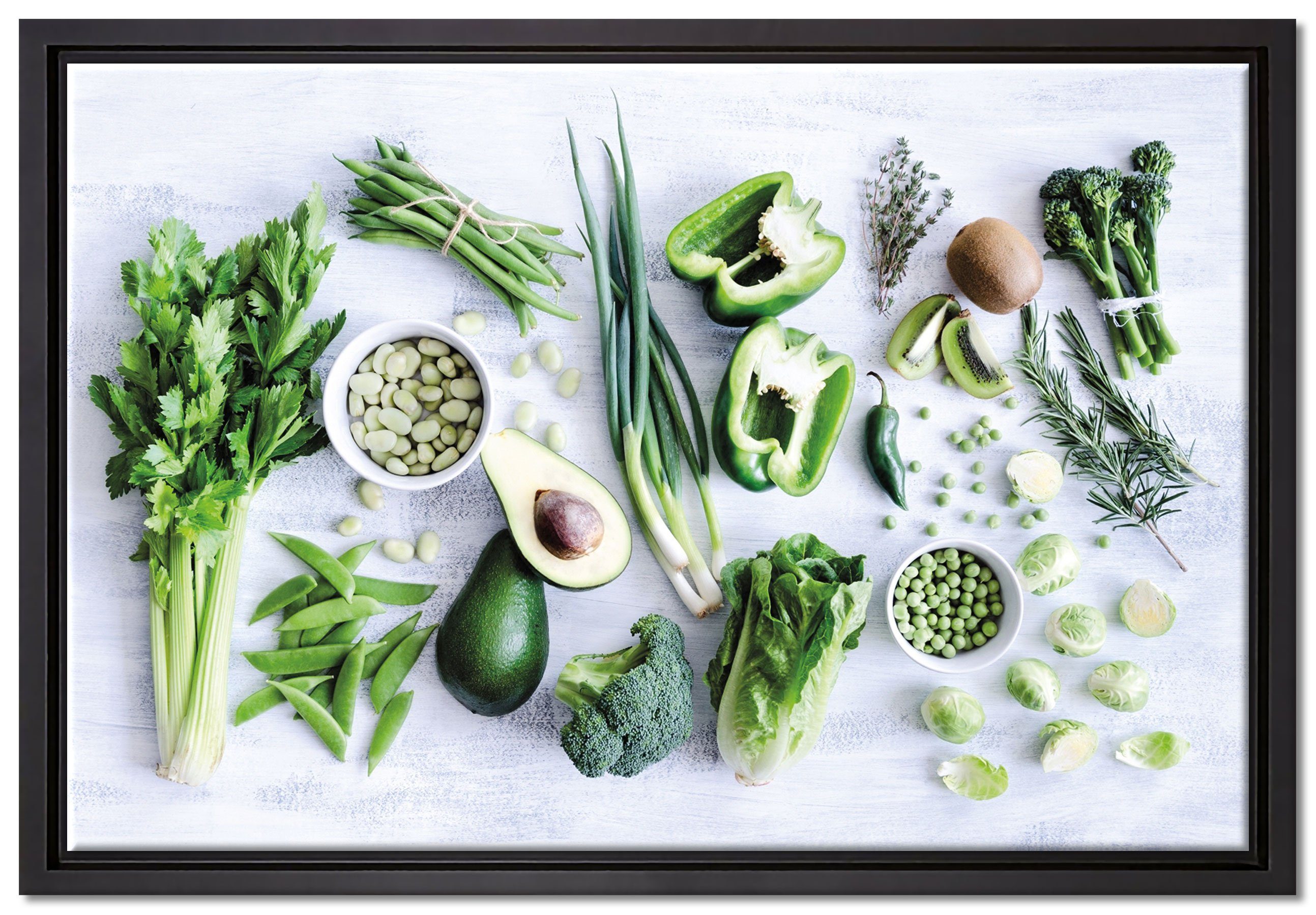 Pixxprint Leinwandbild Grüne Gemüse Obst Vielfalt, Wanddekoration (1 St), Leinwandbild fertig bespannt, in einem Schattenfugen-Bilderrahmen gefasst, inkl. Zackenaufhänger
