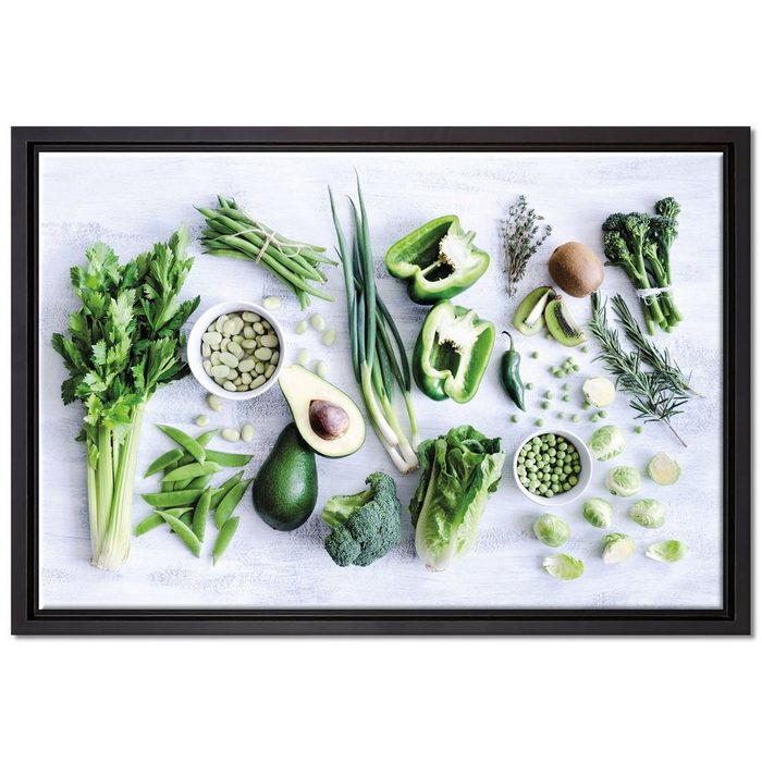 Pixxprint Leinwandbild Grüne Gemüse Obst Vielfalt Wanddekoration (1 St) Leinwandbild fertig bespannt in einem Schattenfugen-Bilderrahmen gefasst inkl. Zackenaufhänger