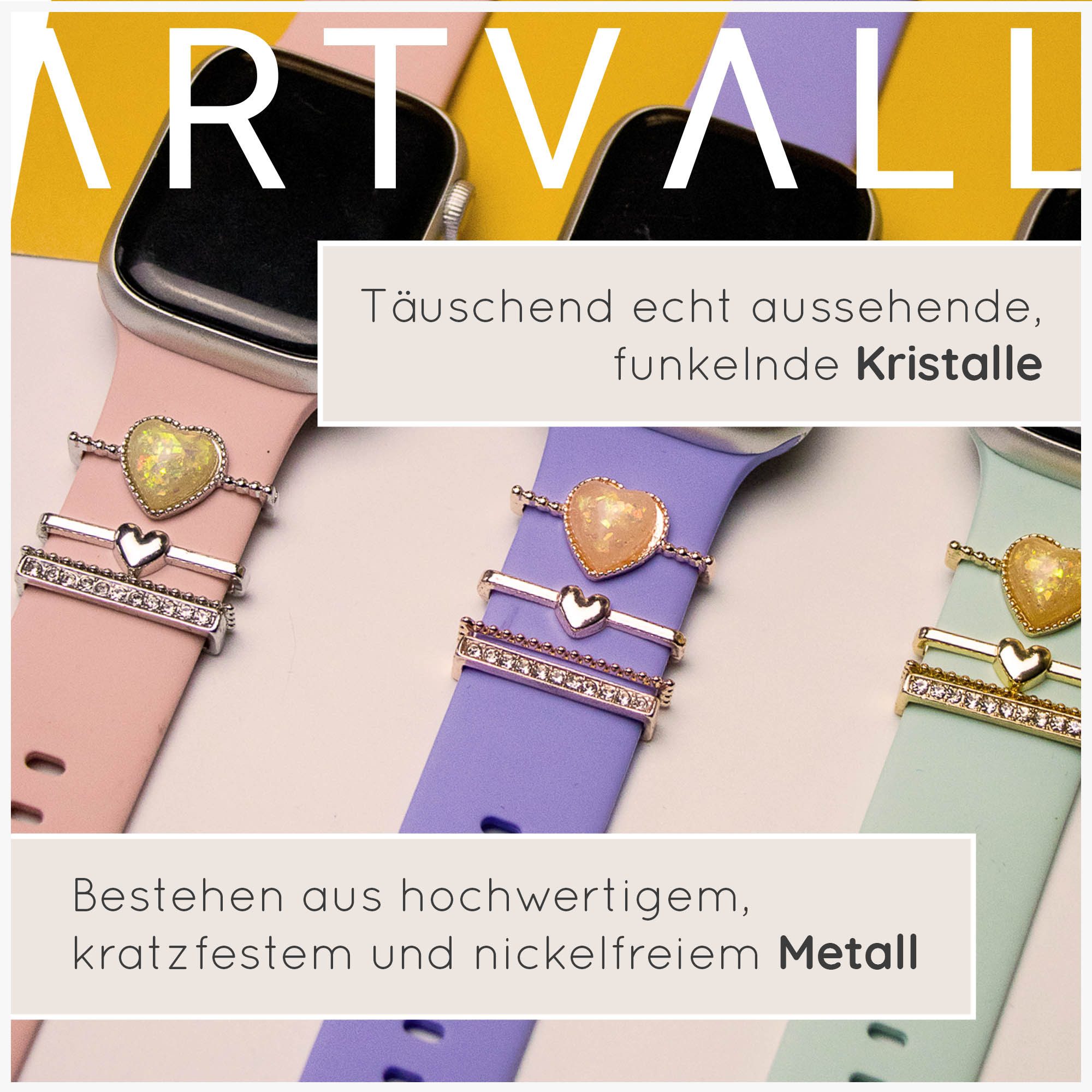 EAZY CASE Smartwatch-Armband Apple Watch Charms Set 38/40/41mm & 42/44/45/49mm, Uhrenarmband Charms Herzstein Glitzer Gold – Bild 5 von 5
