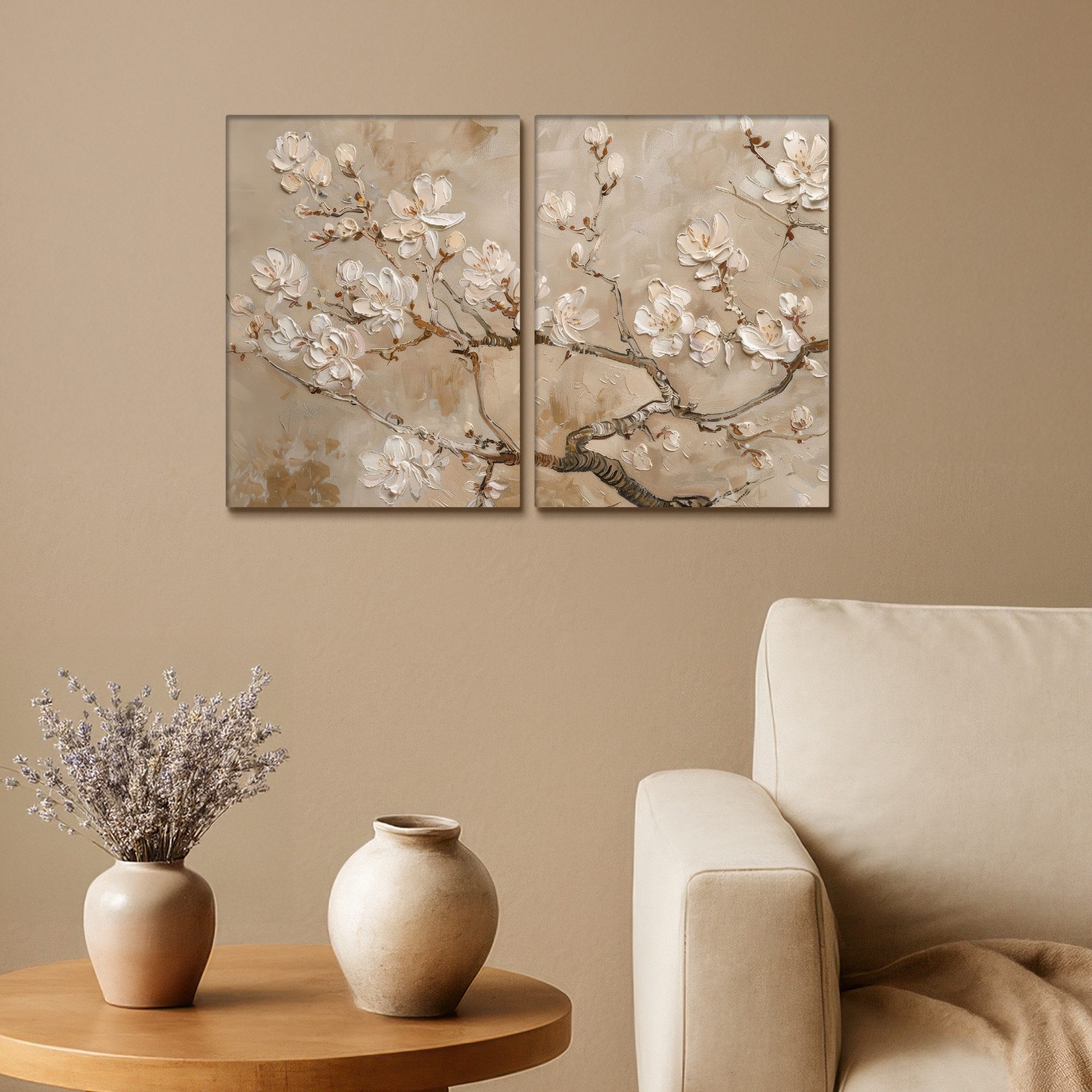 MuchoWow Leinwandbild Beige - Blüte - Modern, Fotodruck (2 St), Wand Bilder 2 Set, Deko Schlafzimmer Wohnzimmer Flur 60x40 cm – Bild 2 von 5