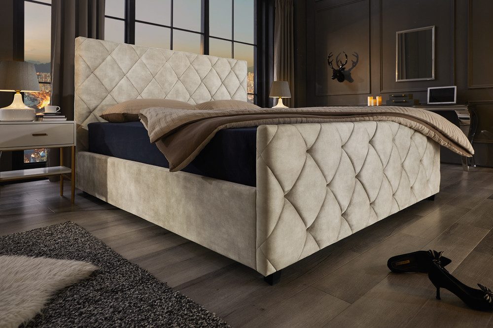 riess-ambiente Boxbett ELYSIUM 180x200cm champagner/beige – Samt, mit Bettkasten & Kopfteil (Einzelartikel, 1-St), Kingsize, Stauraum unter der Liegefläche, elegante Ziersteppung