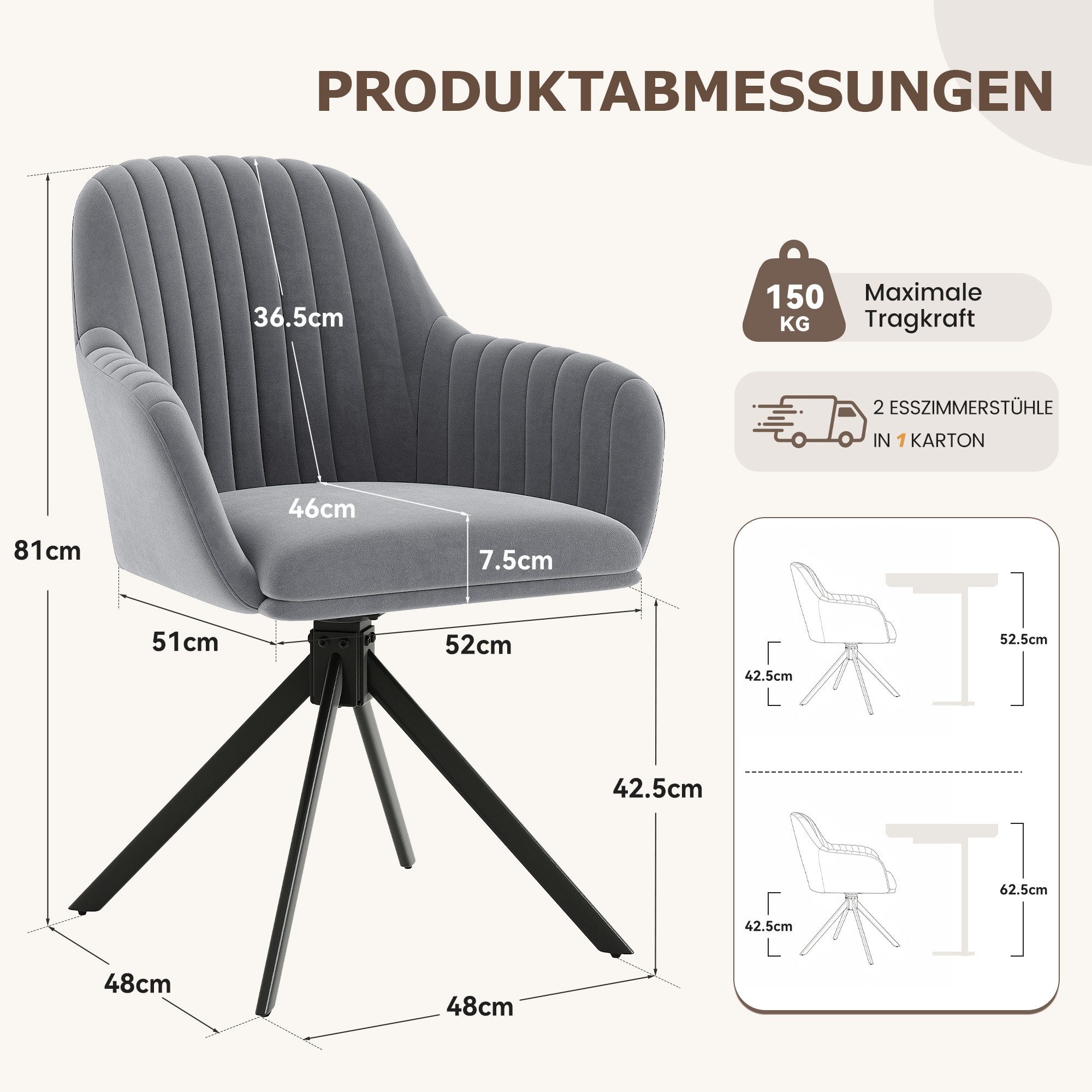 HawthyHome Esszimmerstuhl 2er Set mit Armlehne & Metallbeinen, Samt Polsterstuhl, 360° Drehbar (1 St), 360° Drehbar, Höheneinstellbar – Bild 2 von 5