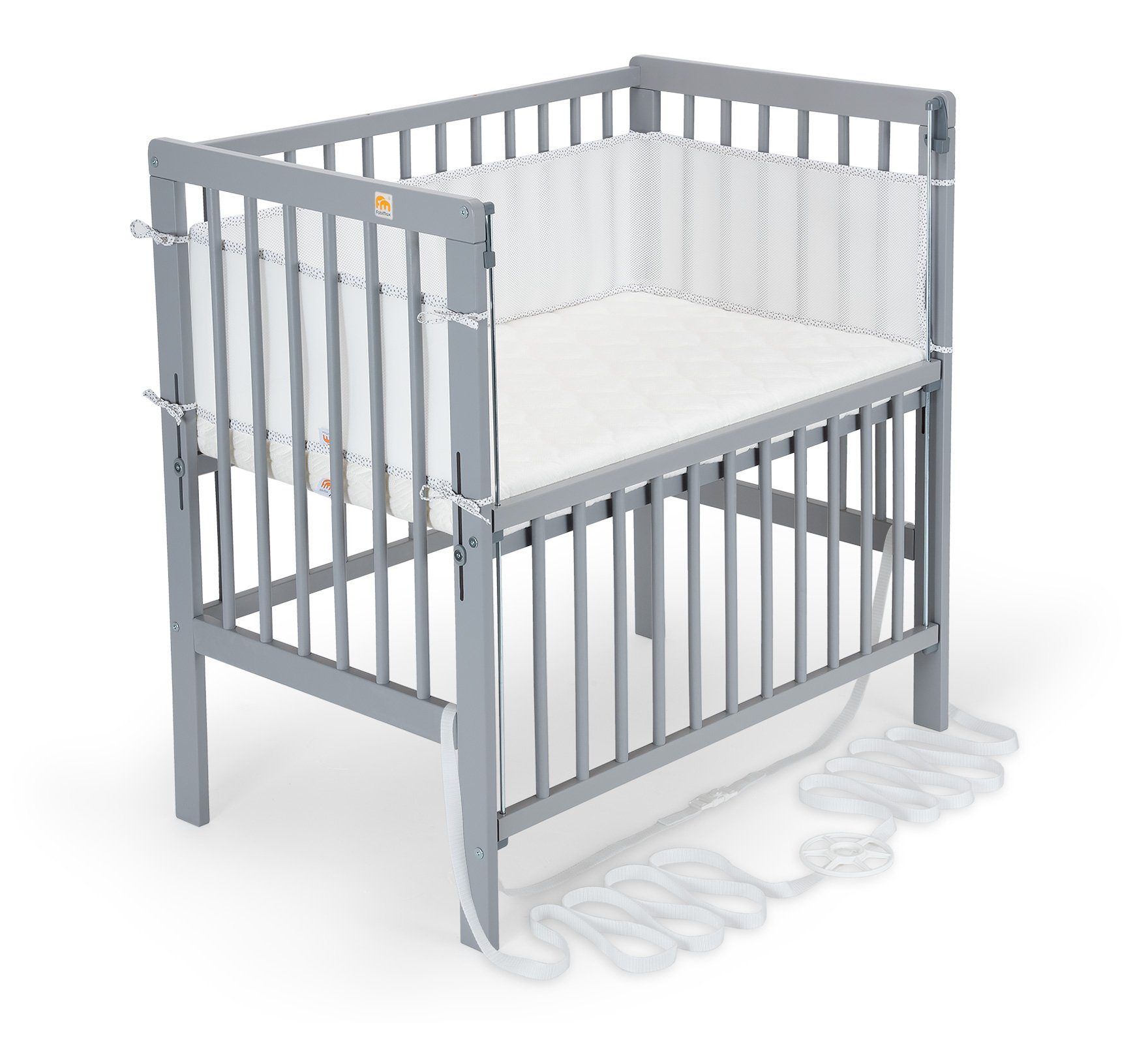 FabiMax Beistellbett Flex grau, 2in1, Beistellbett und Stubenbettchen in Einem, innovatives Seitenteil