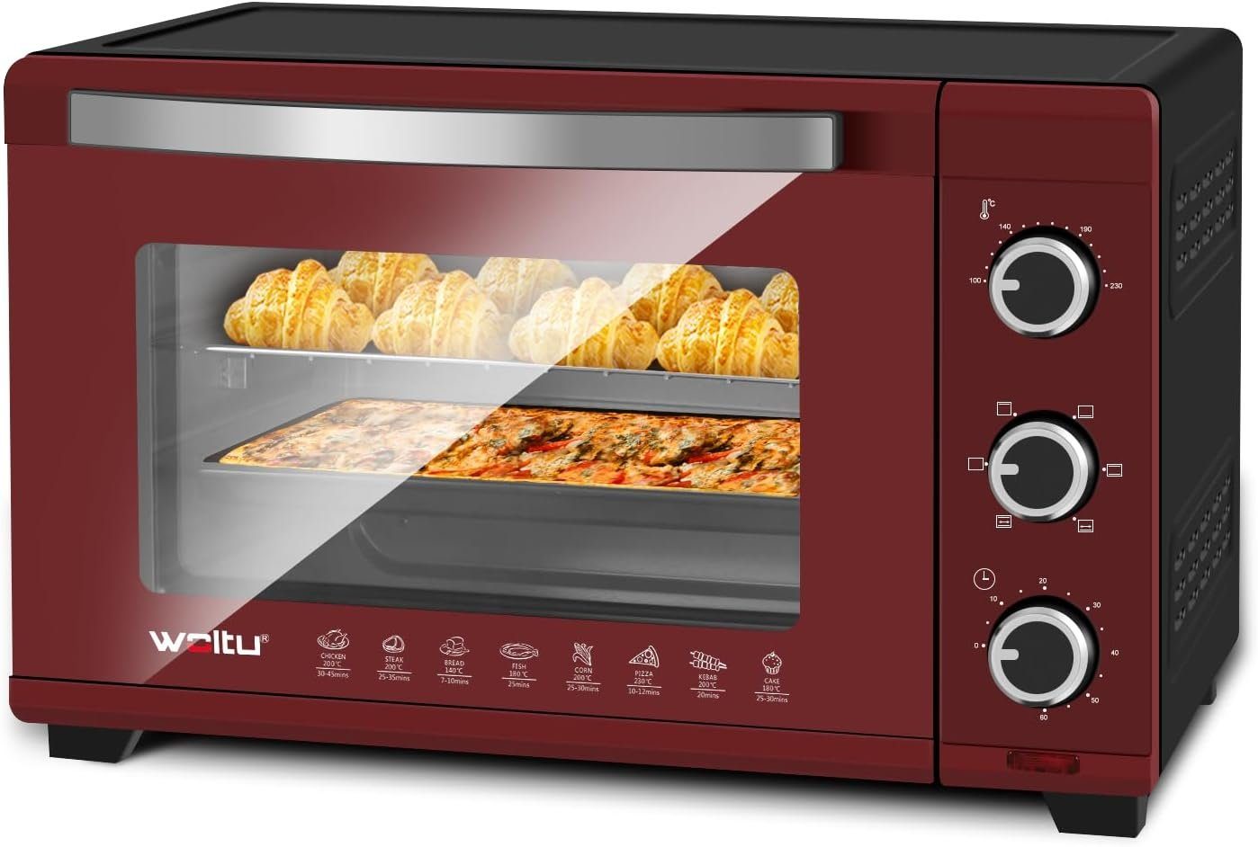 Woltu Minibackofen, 32 1600 Herausnehmbares mit Timer Krümelblech Liter, Watt rot-schwarz