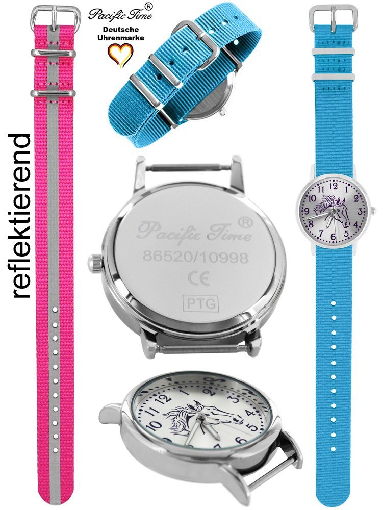 Pacific Time Quarzuhr Mix Reflektor Pferd - und und Gratis Wechselarmband, hellblau Versand pink Design Kinder violett Set Match Armbanduhr